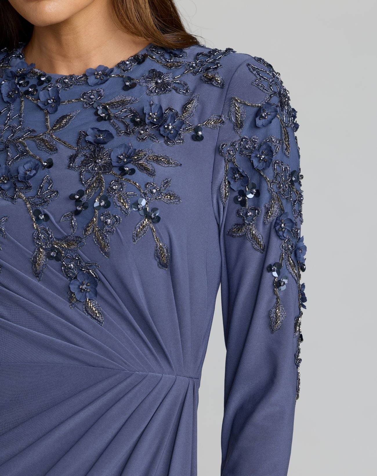 Blue High Neck Long Sleeve Beaded Jersey Gown - Mac Duggal