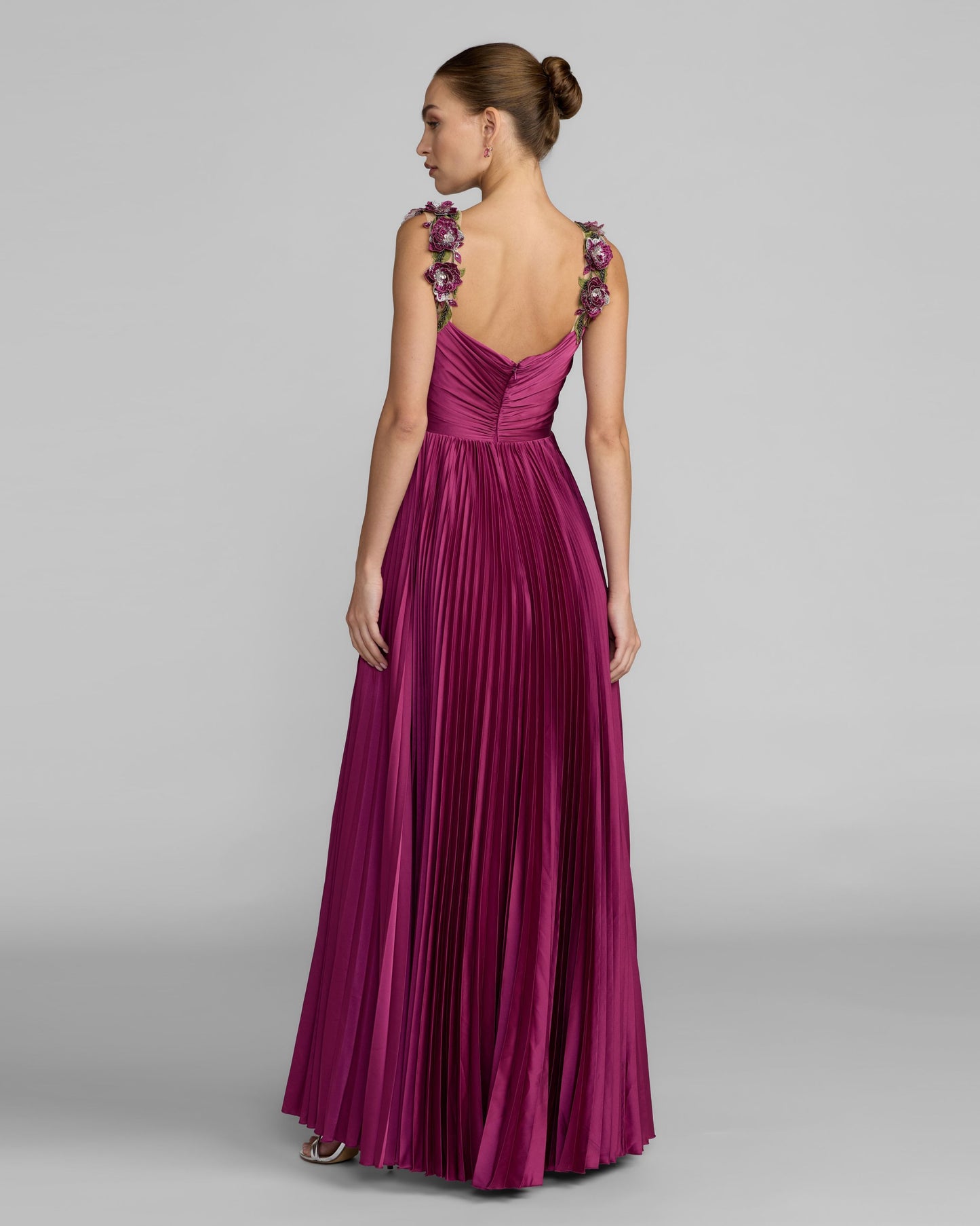 Purple Pleated High Low Gown With 3D Floral Straps Ieena for Mac Duggal
