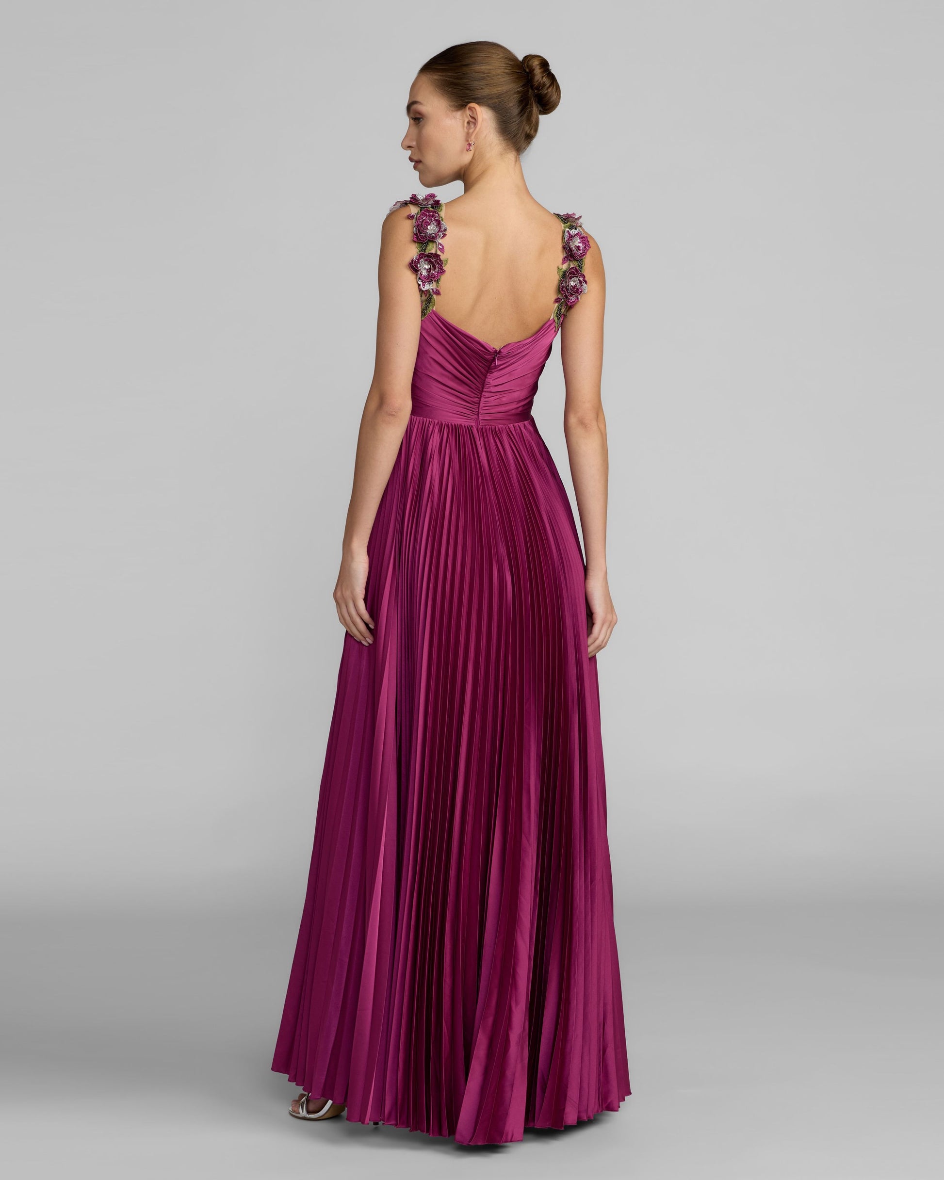 Purple Pleated High Low Gown With 3D Floral Straps Ieena for Mac Duggal