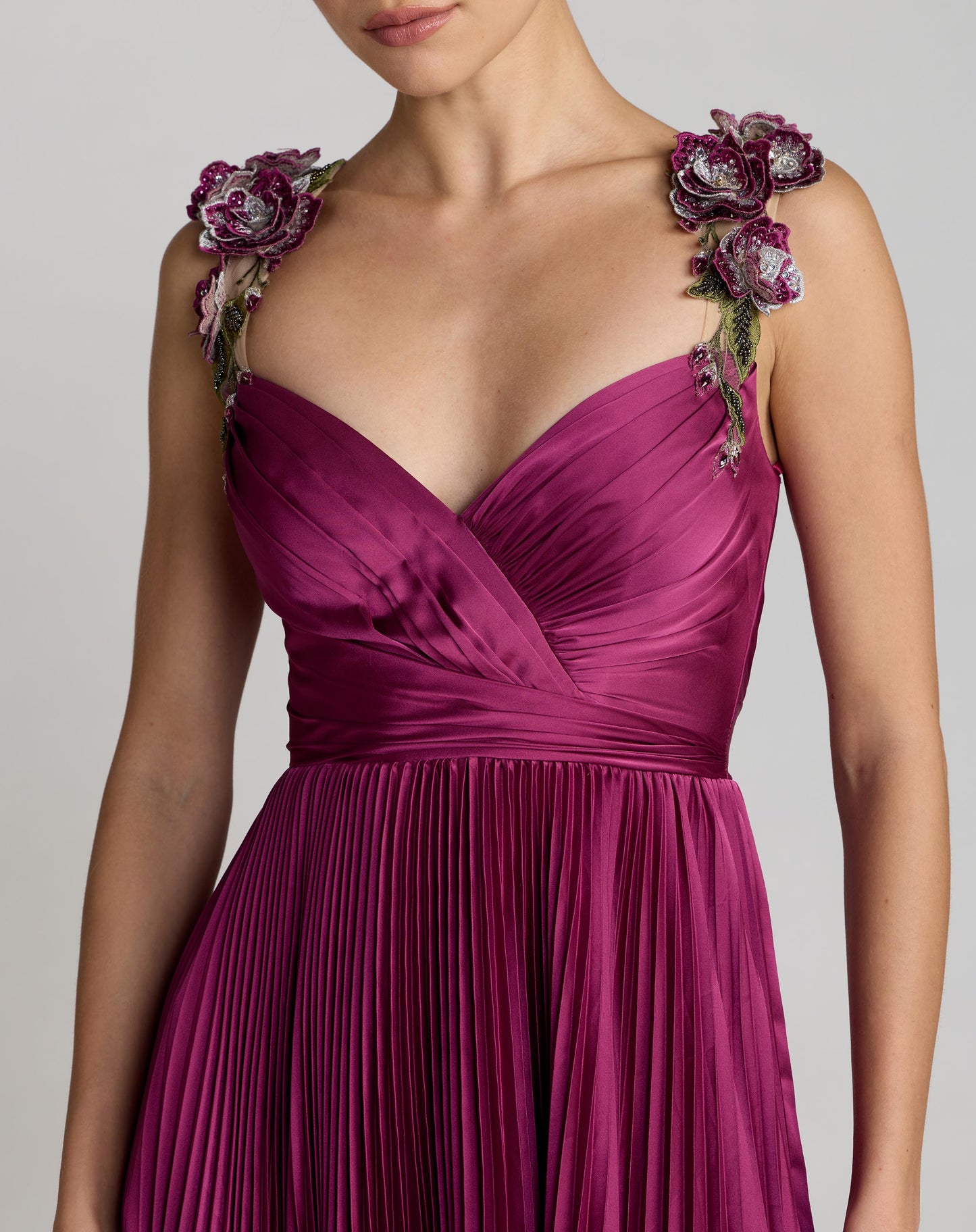 Purple Pleated High Low Gown With 3D Floral Straps Ieena for Mac Duggal