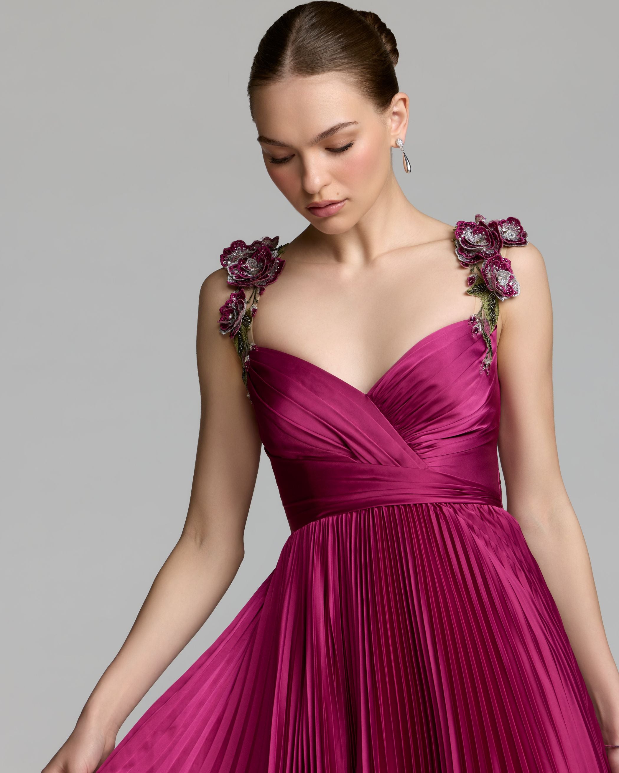 Purple Pleated High Low Gown With 3D Floral Straps Ieena for Mac Duggal