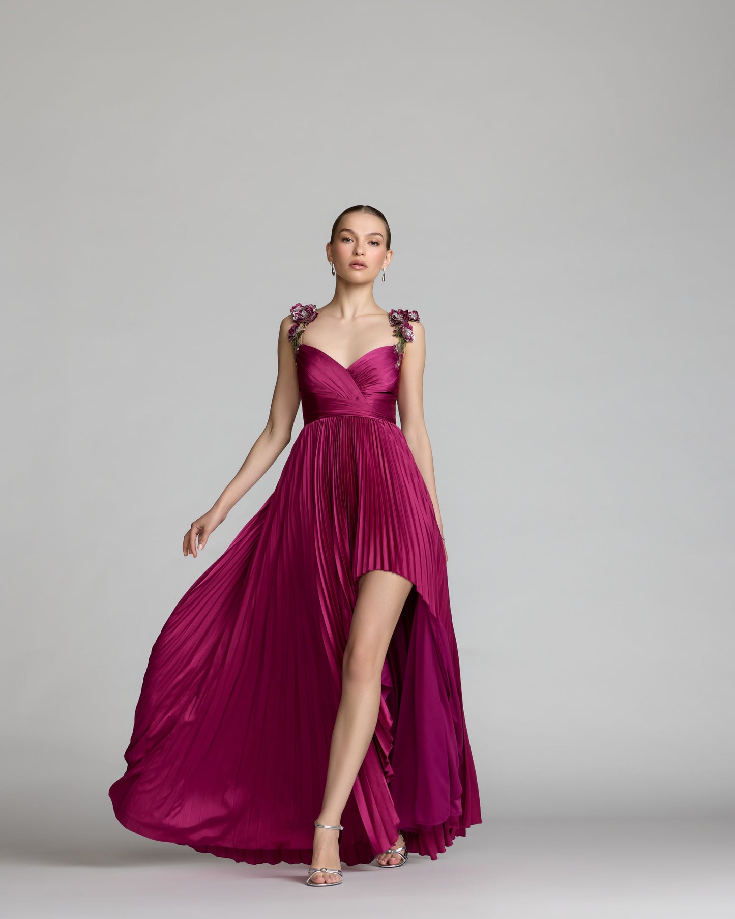 Purple Pleated High Low Gown With 3D Floral Straps Ieena for Mac Duggal