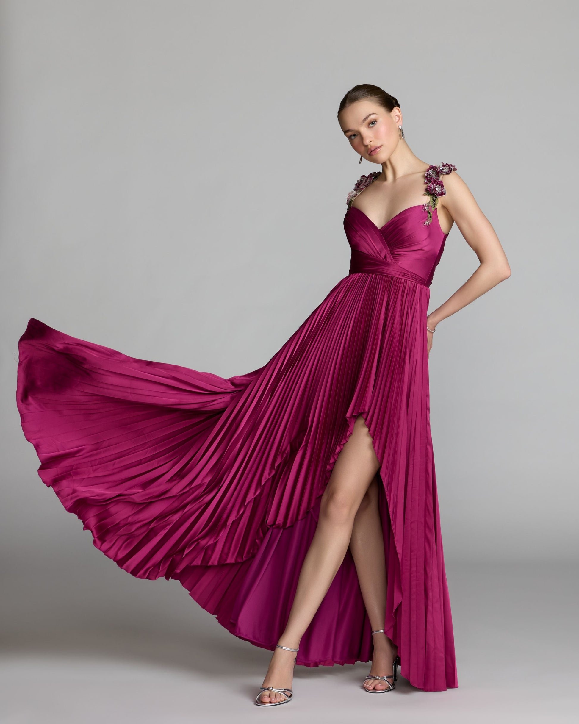 Purple Pleated High Low Gown With 3D Floral Straps Ieena for Mac Duggal