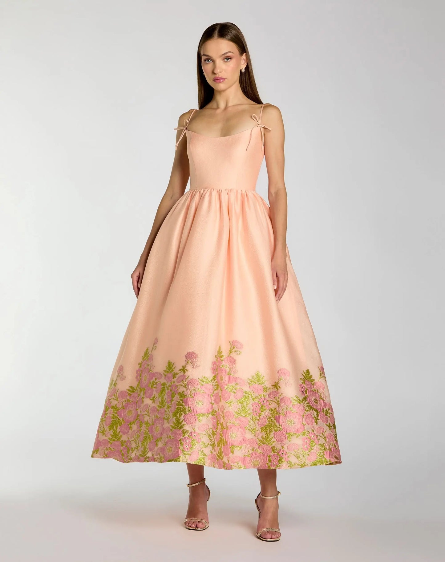 Peach Spaghetti Strap Organza Midi Dress With Bow Detail | Mac Duggal Peach Spaghetti Strap Organza Midi Dress With Bow Detail | Mac Duggal