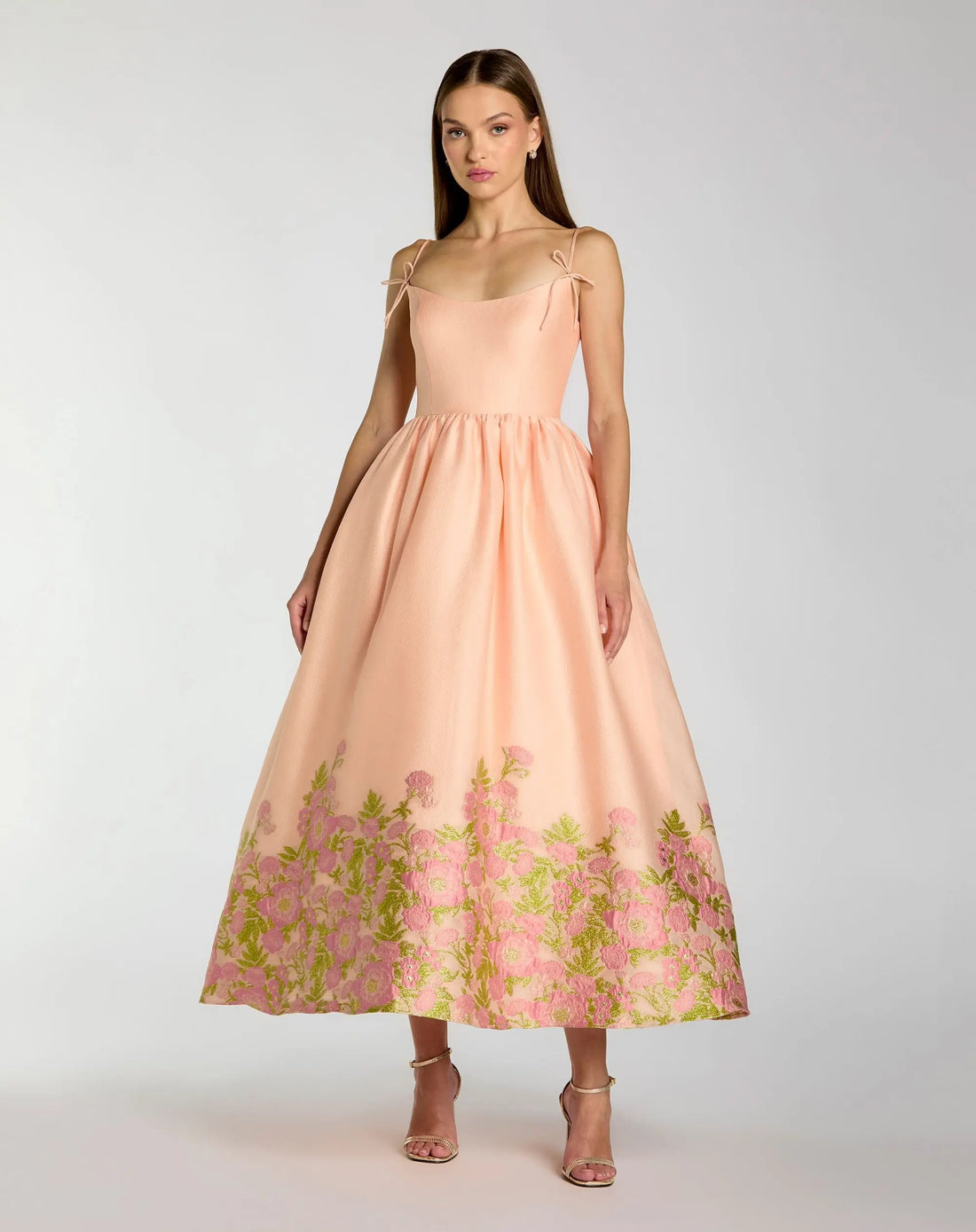 Peach Spaghetti Strap Organza Midi Dress With Bow Detail | Mac Duggal Peach Spaghetti Strap Organza Midi Dress With Bow Detail | Mac Duggal
