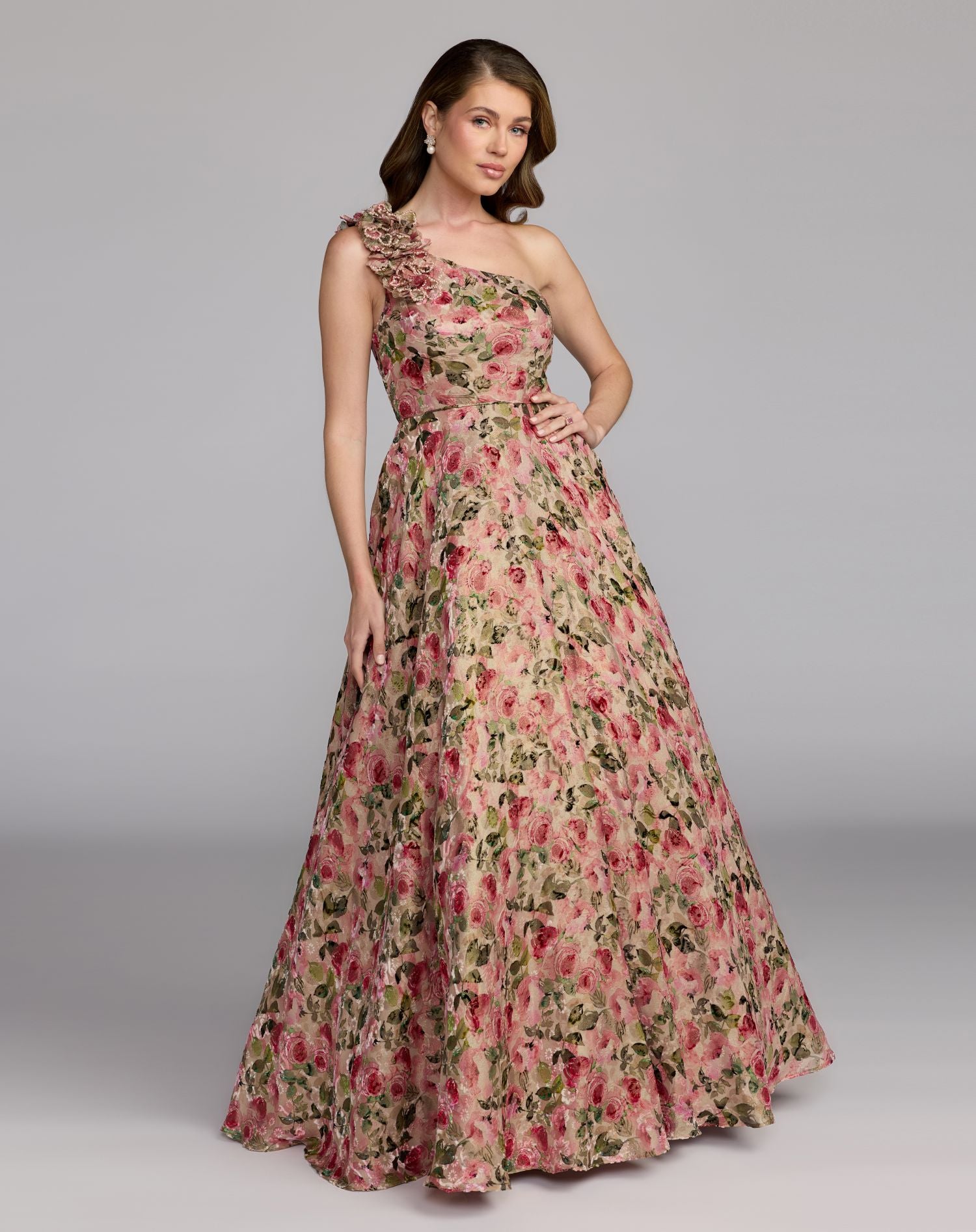 Beige One Shoulder Velvet Floral Ball Gown - Mac Duggal