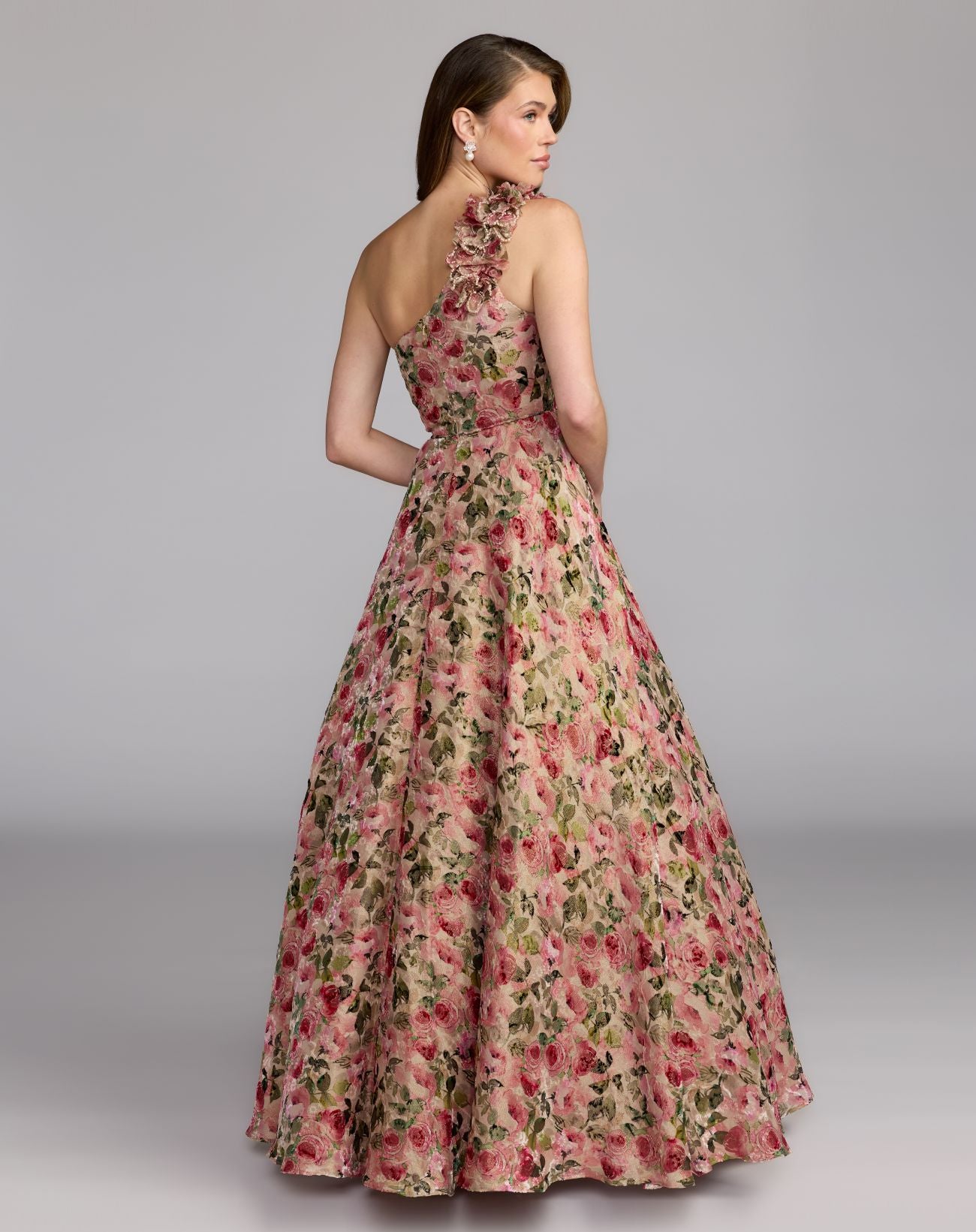Beige One Shoulder Velvet Floral Ball Gown - Mac Duggal