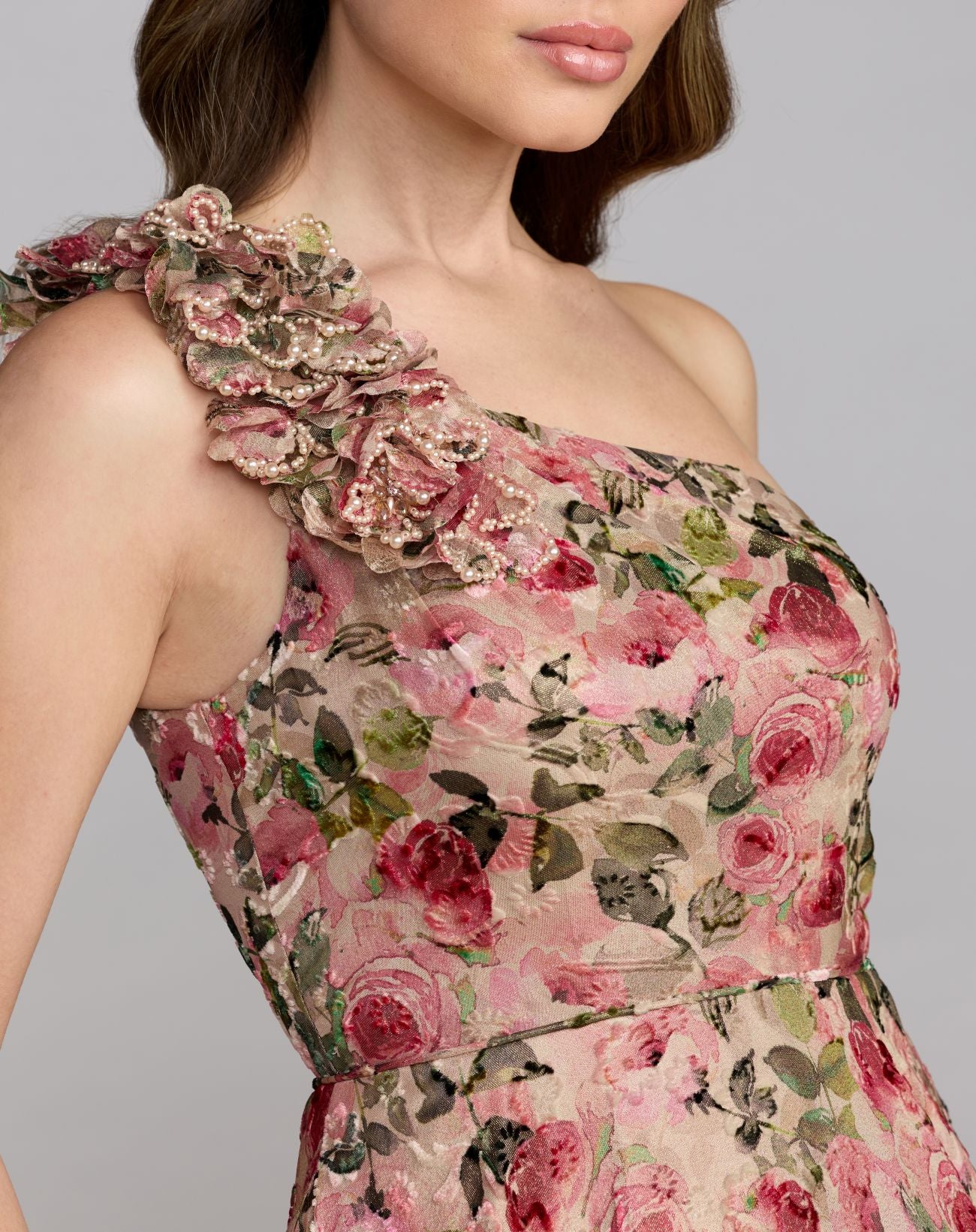 Beige One Shoulder Velvet Floral Ball Gown - Mac Duggal