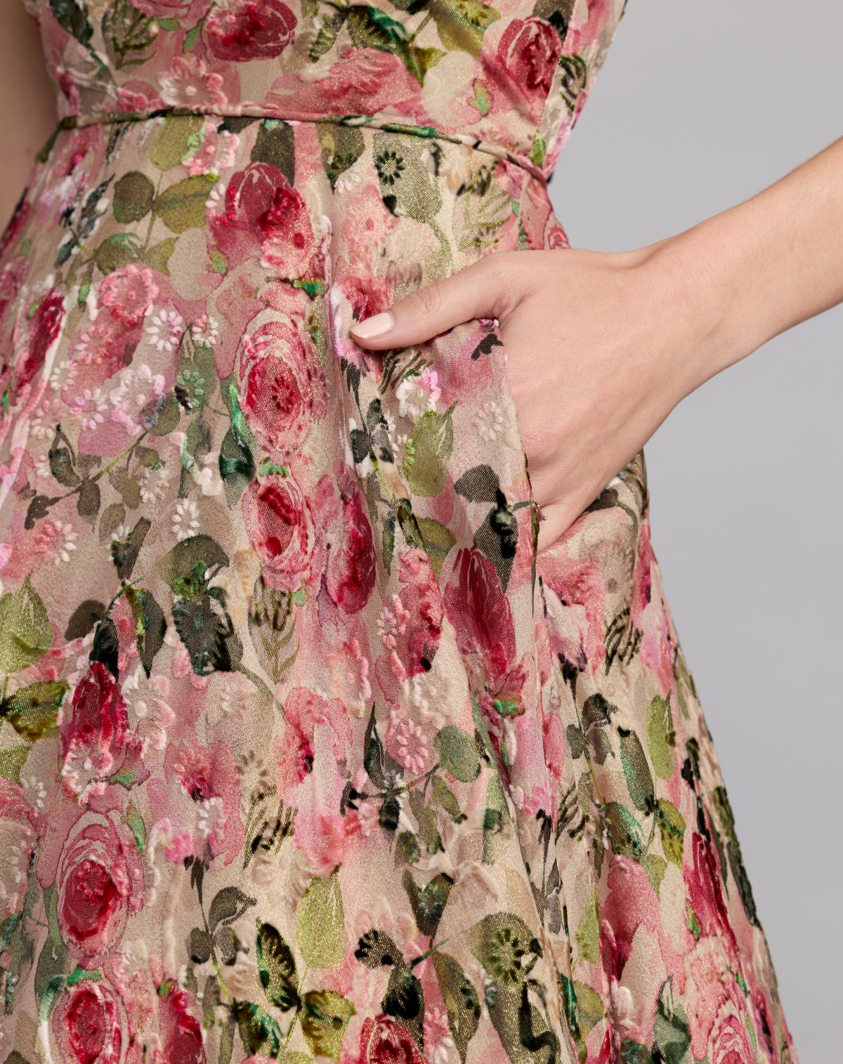 Beige One Shoulder Velvet Floral Ball Gown - Mac Duggal