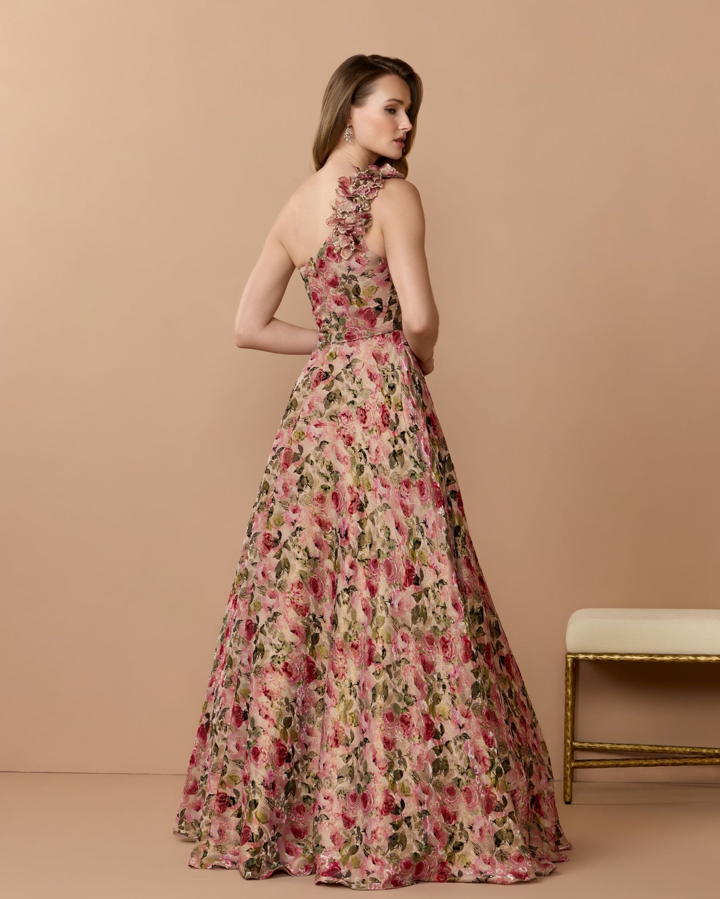 Beige One Shoulder Velvet Floral Ball Gown - Mac Duggal