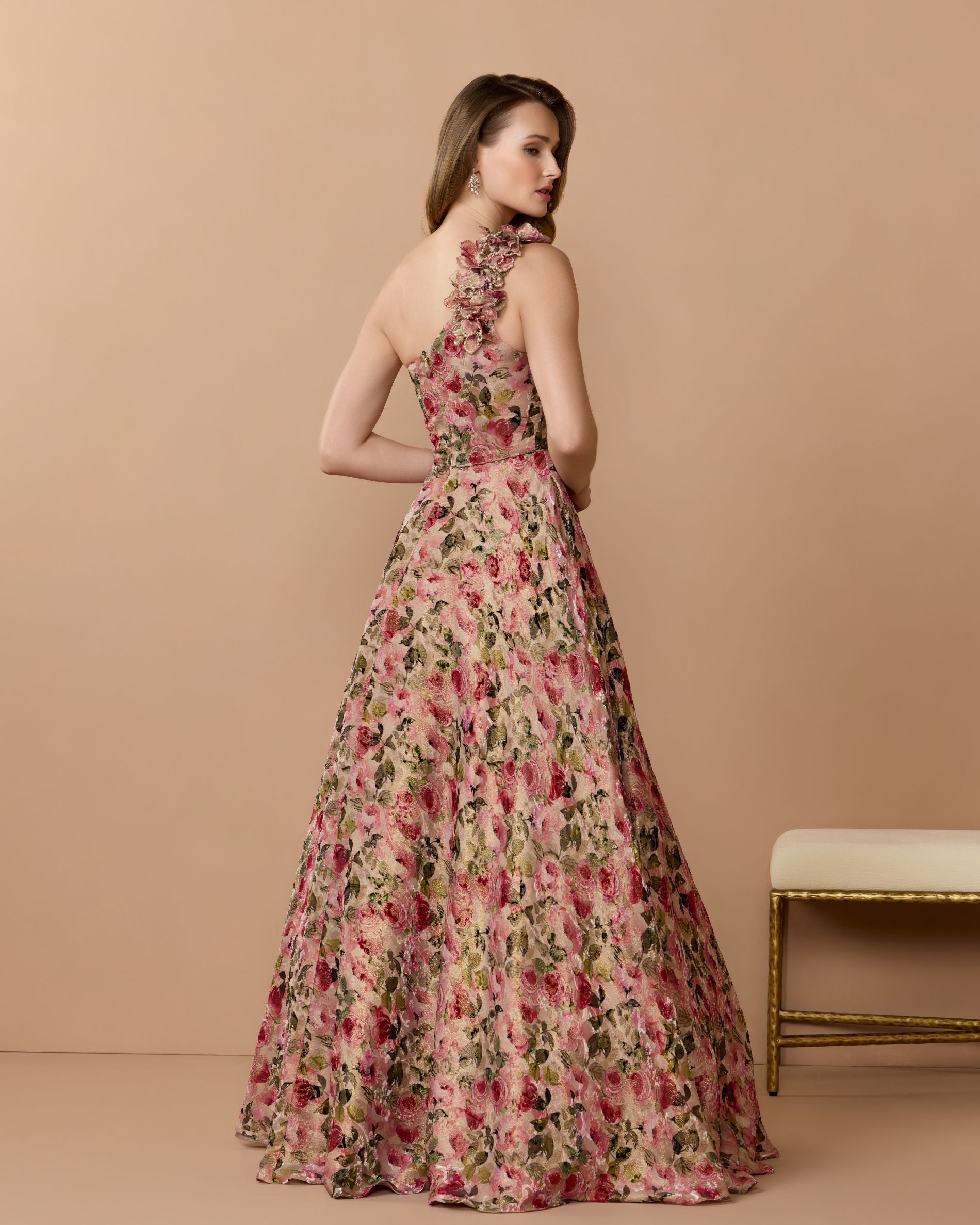 Beige One Shoulder Velvet Floral Ball Gown - Mac Duggal