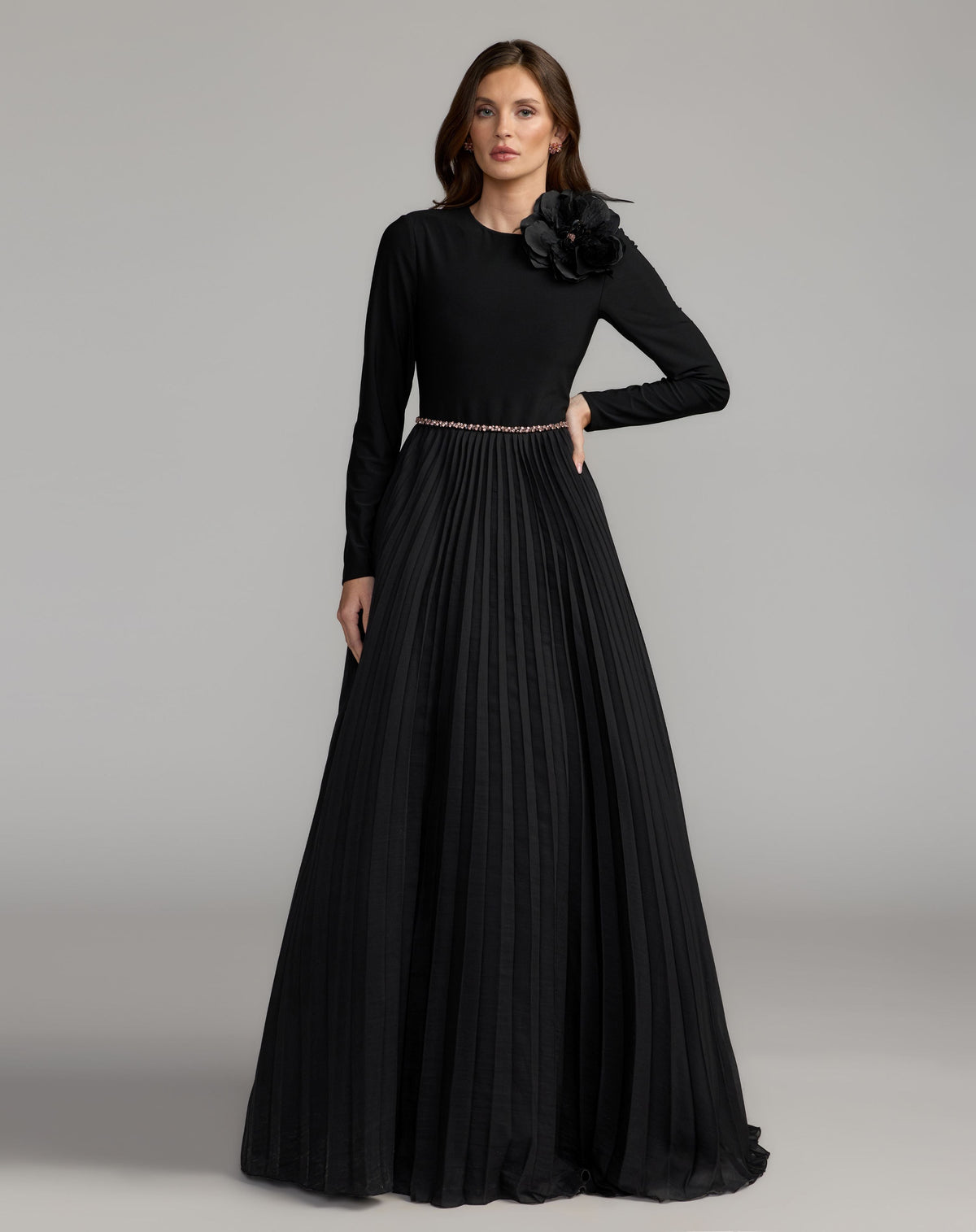 Black Pleated Organza Gown With 3D Flower - Mac Duggal