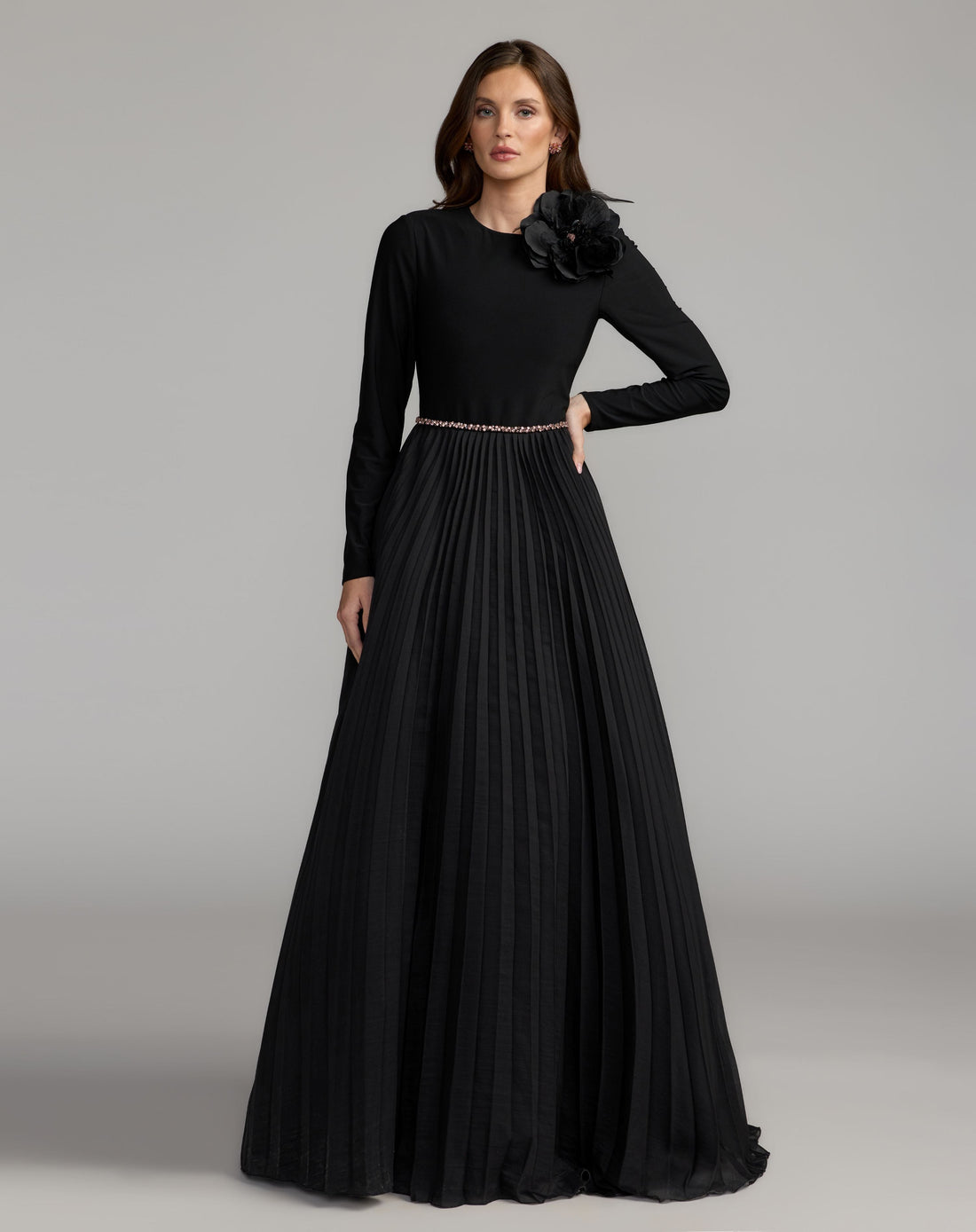 Black Pleated Organza Gown With 3D Flower - Mac Duggal