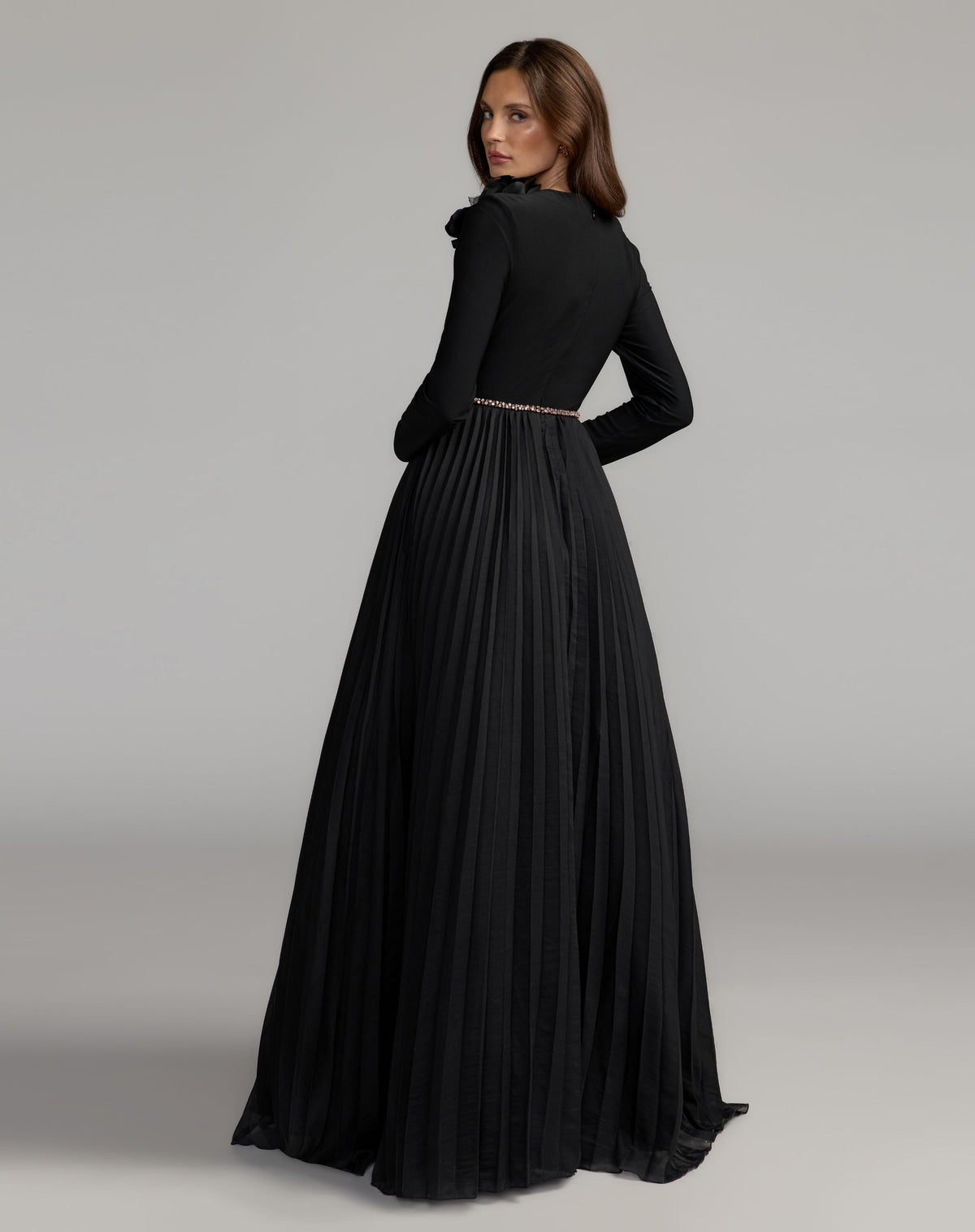 Black Pleated Organza Gown With 3D Flower - Mac Duggal