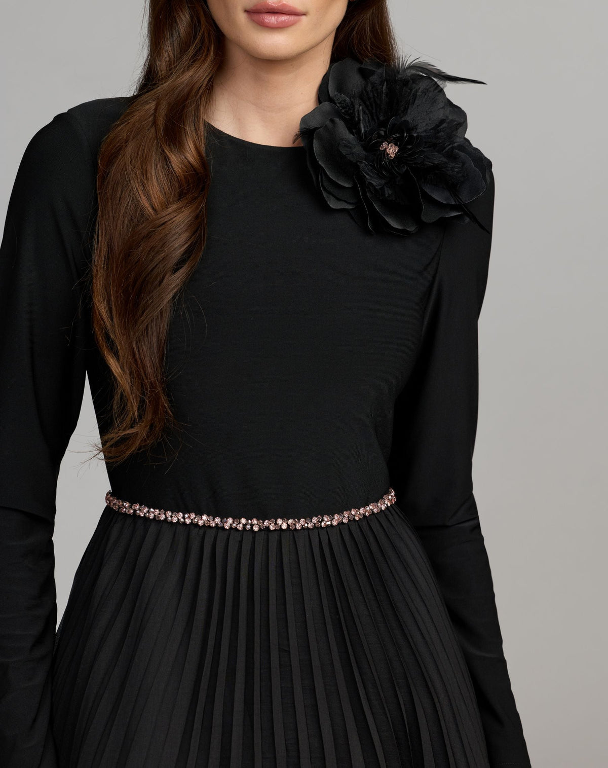 Black Pleated Organza Gown With 3D Flower - Mac Duggal