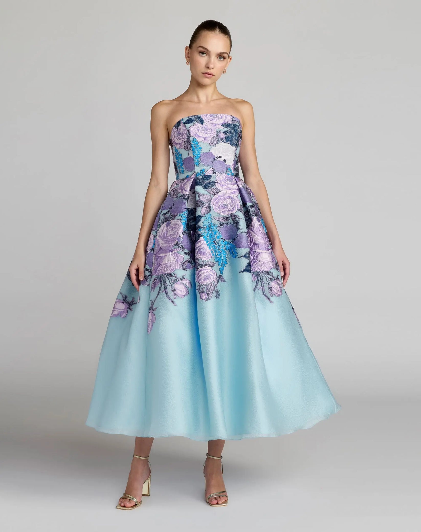 Blue Floral Embroidered Strapless Organza Midi Dress