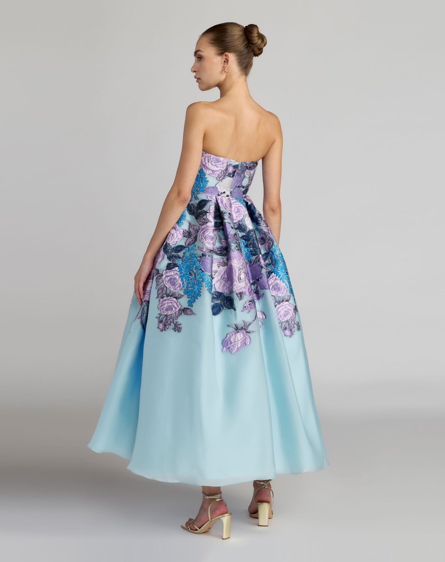 Blue Floral Embroidered Strapless Organza Midi Dress - Mac Duggal