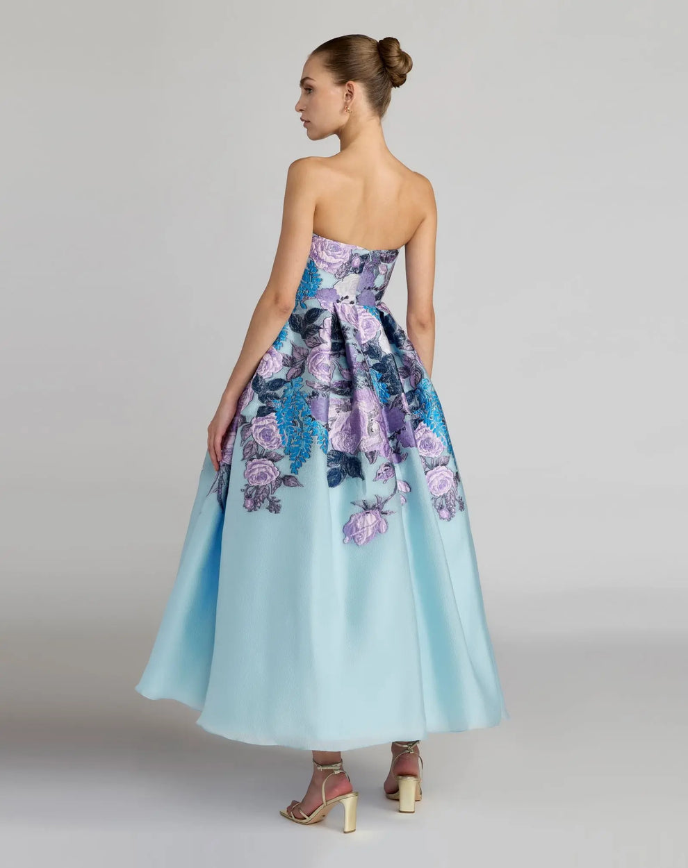 Blue Floral Embroidered Strapless Organza Midi Dress