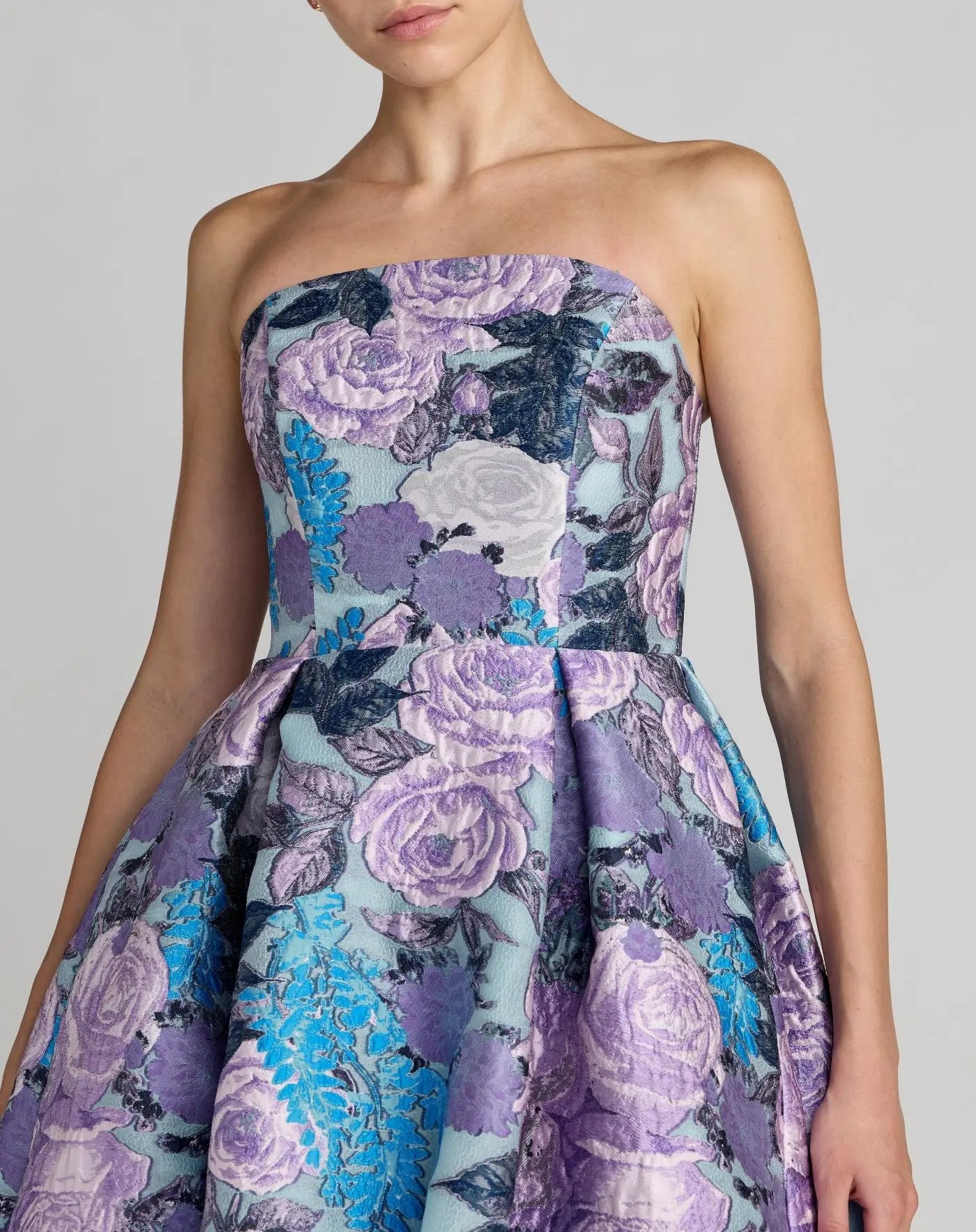 Blue Floral Embroidered Strapless Organza Midi Dress