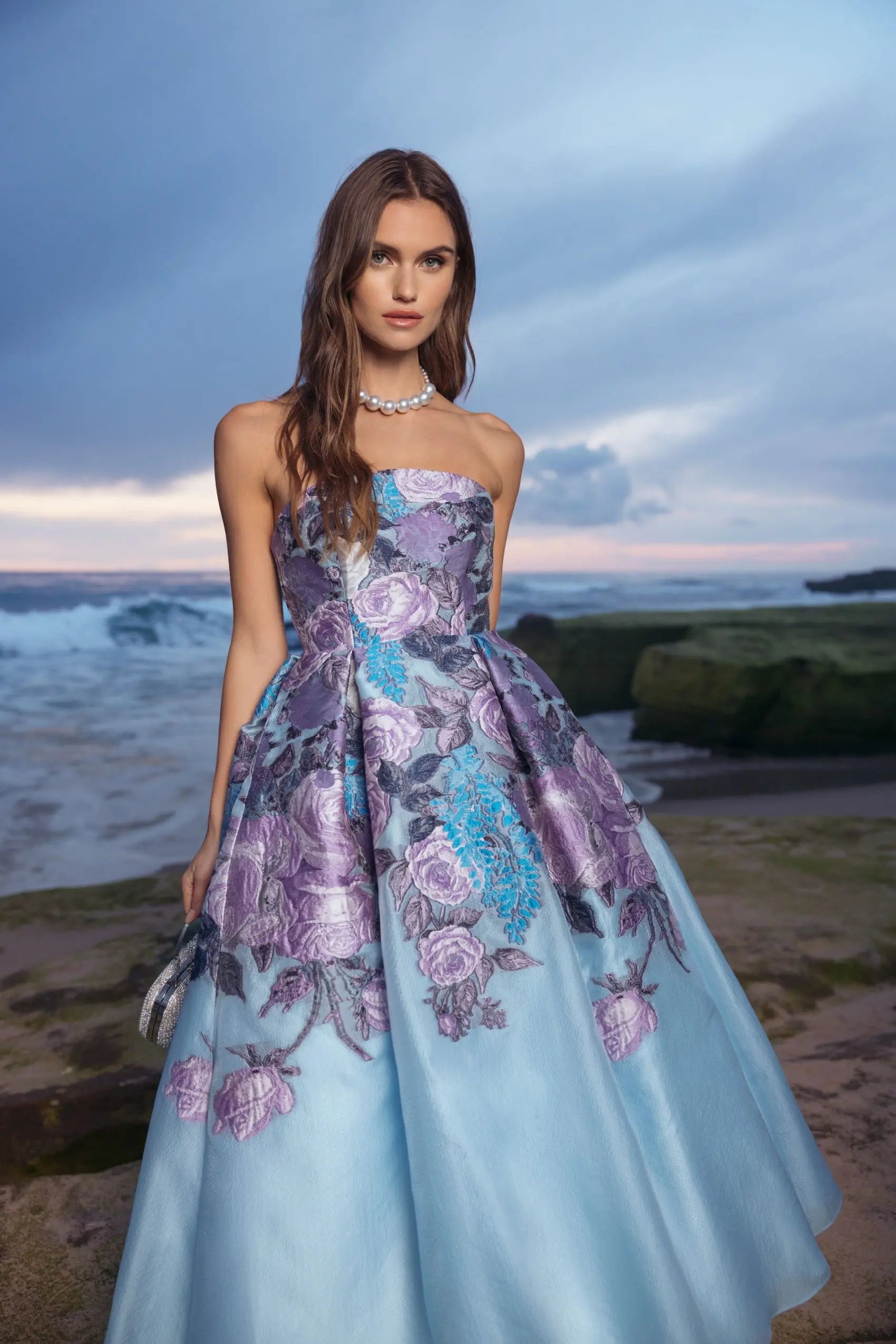 Blue Floral Embroidered Strapless Organza Midi Dress | Mac Duggal Blue Floral Embroidered Strapless Organza Midi Dress | Mac Duggal