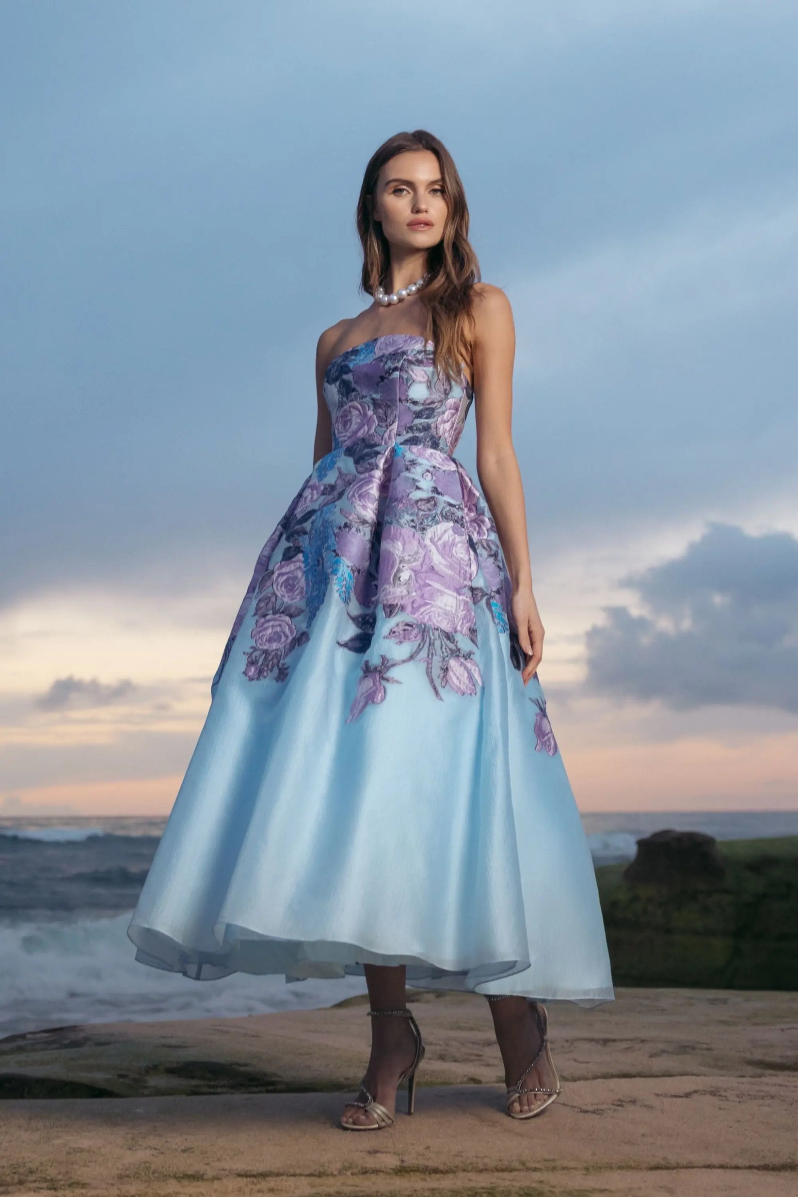 Blue Floral Embroidered Strapless Organza Midi Dress
