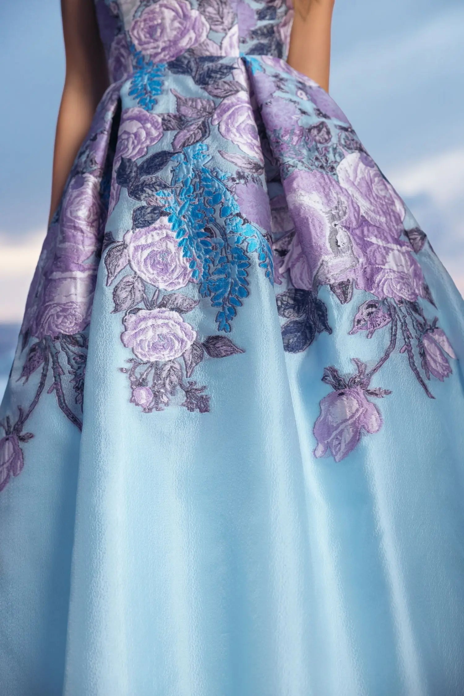 Blue Floral Embroidered Strapless Organza Midi Dress