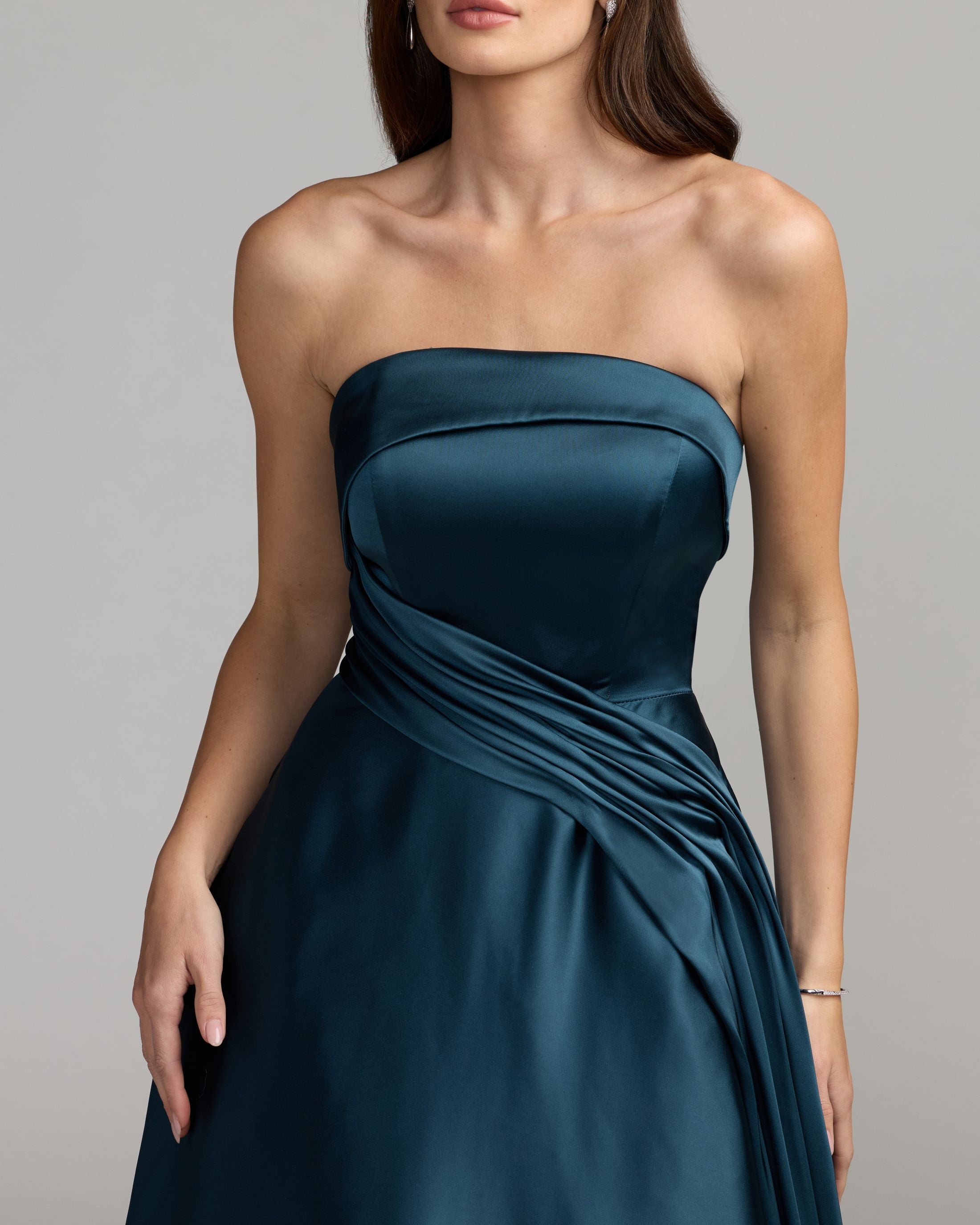 Navy Strapless Draped Satin Ball Gown Mac Duggal