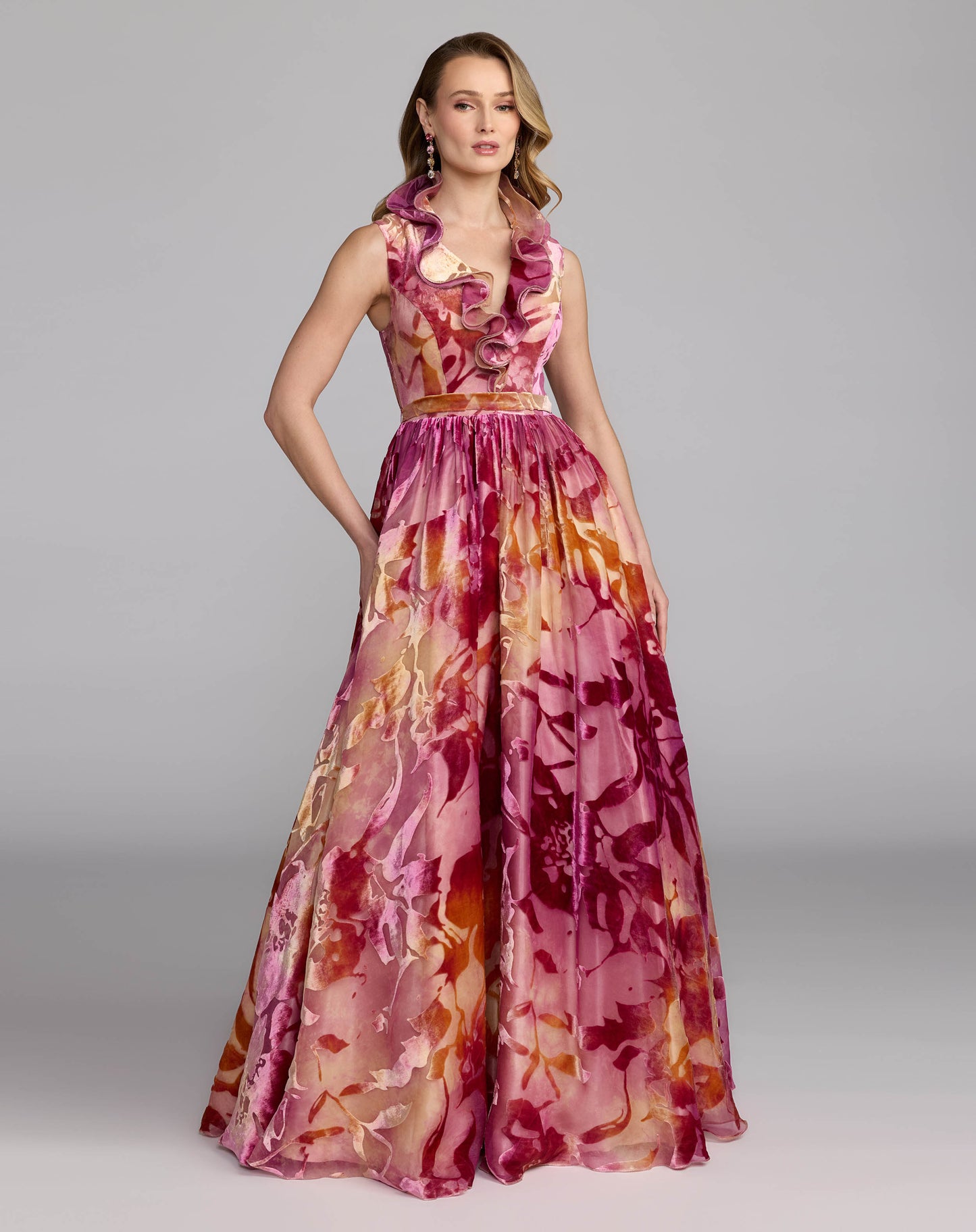 Multicolor Burnout Velvet Ruffle Ball Gown Mac Duggal