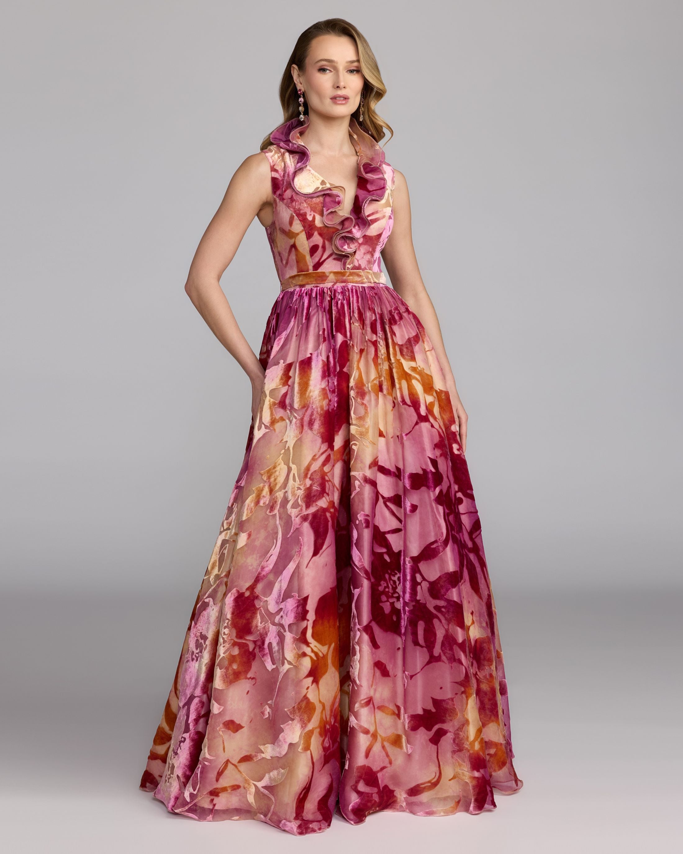 Multicolor Burnout Velvet Ruffle Ball Gown Mac Duggal