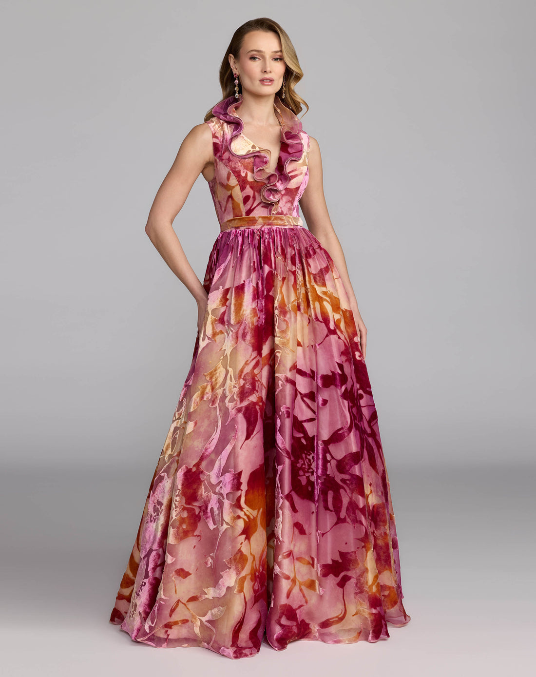 Multicolor Burnout Velvet Ruffle Ball Gown Mac Duggal