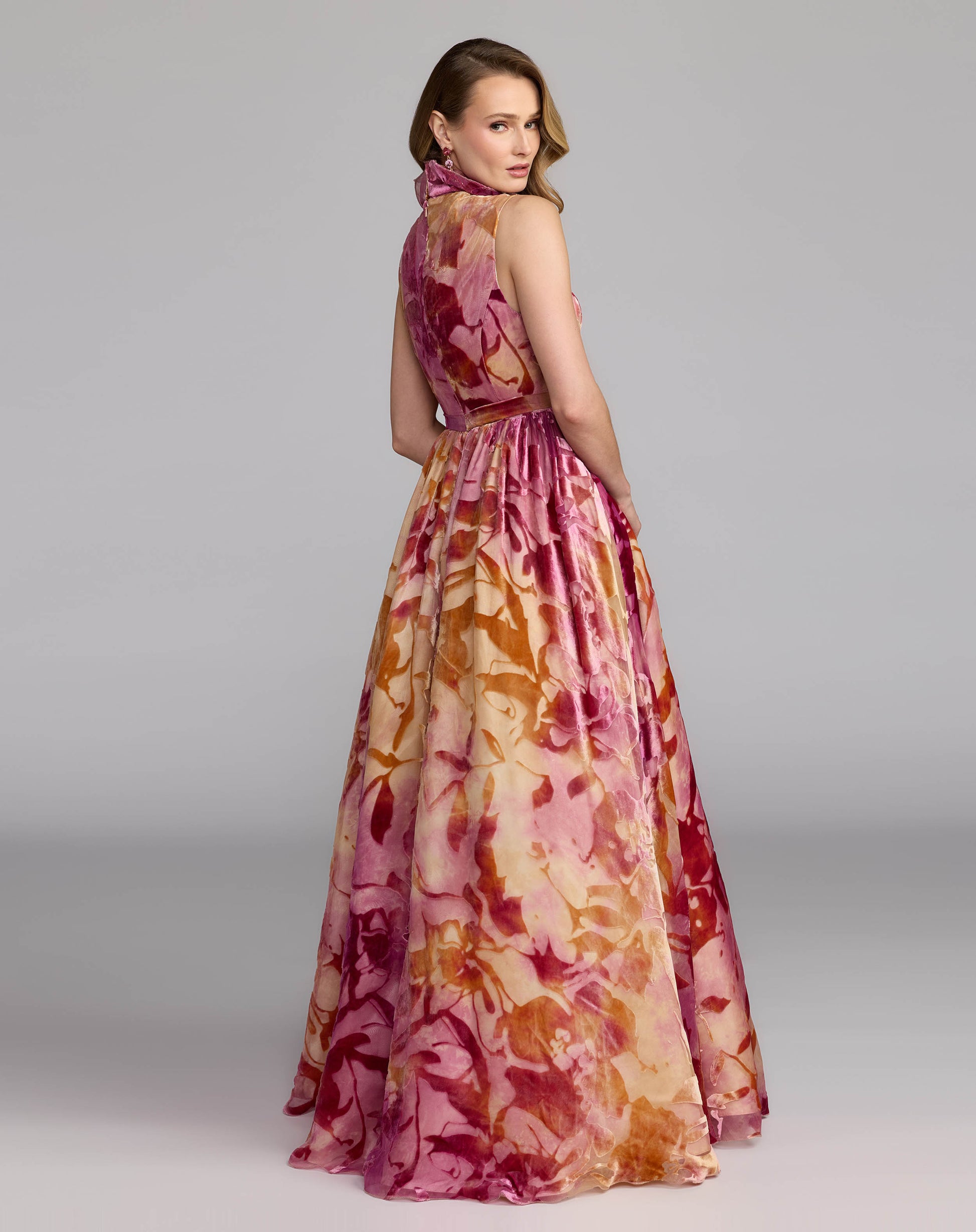 Multicolor Burnout Velvet Ruffle Ball Gown Mac Duggal