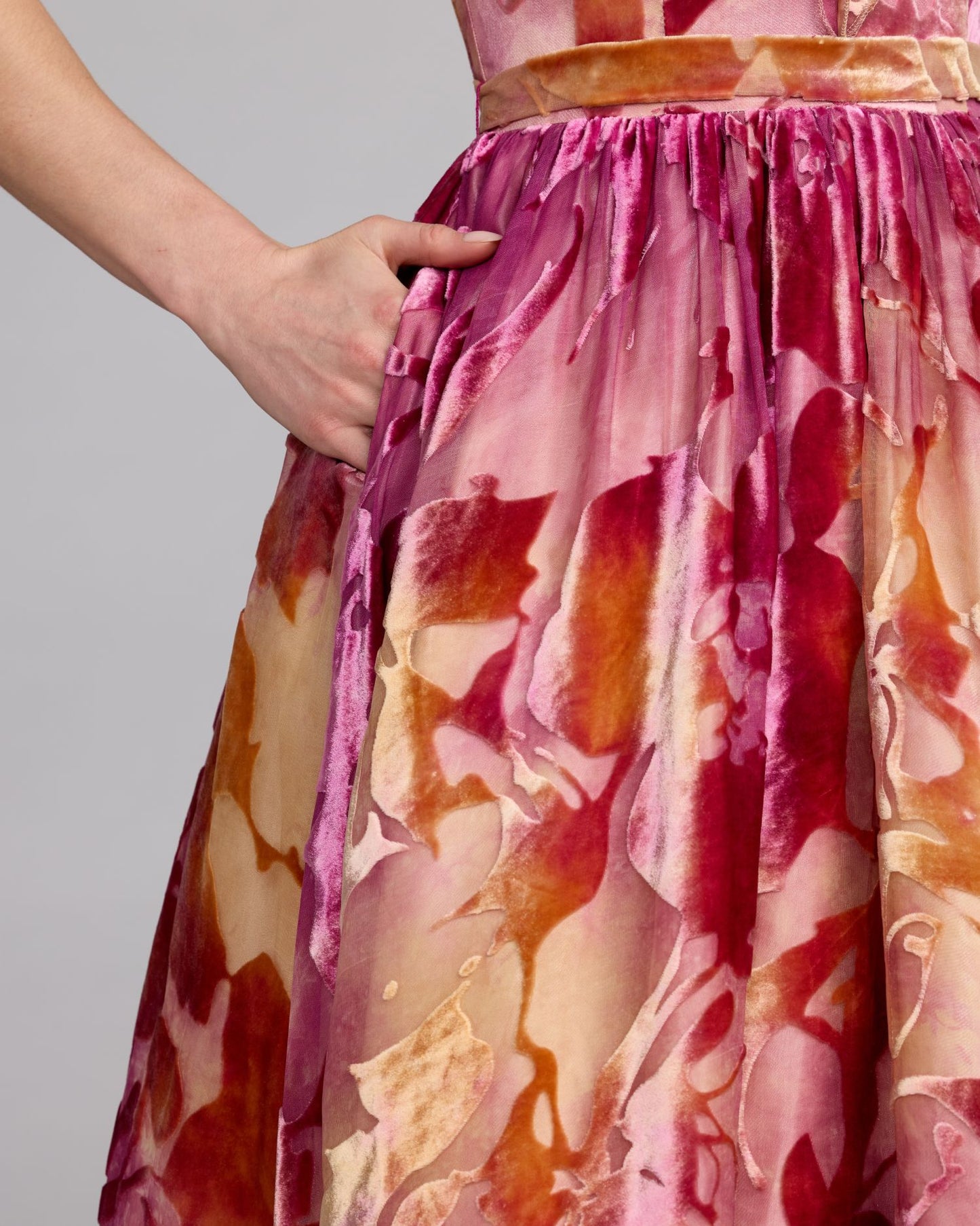 Multicolor Burnout Velvet Ruffle Ball Gown Mac Duggal