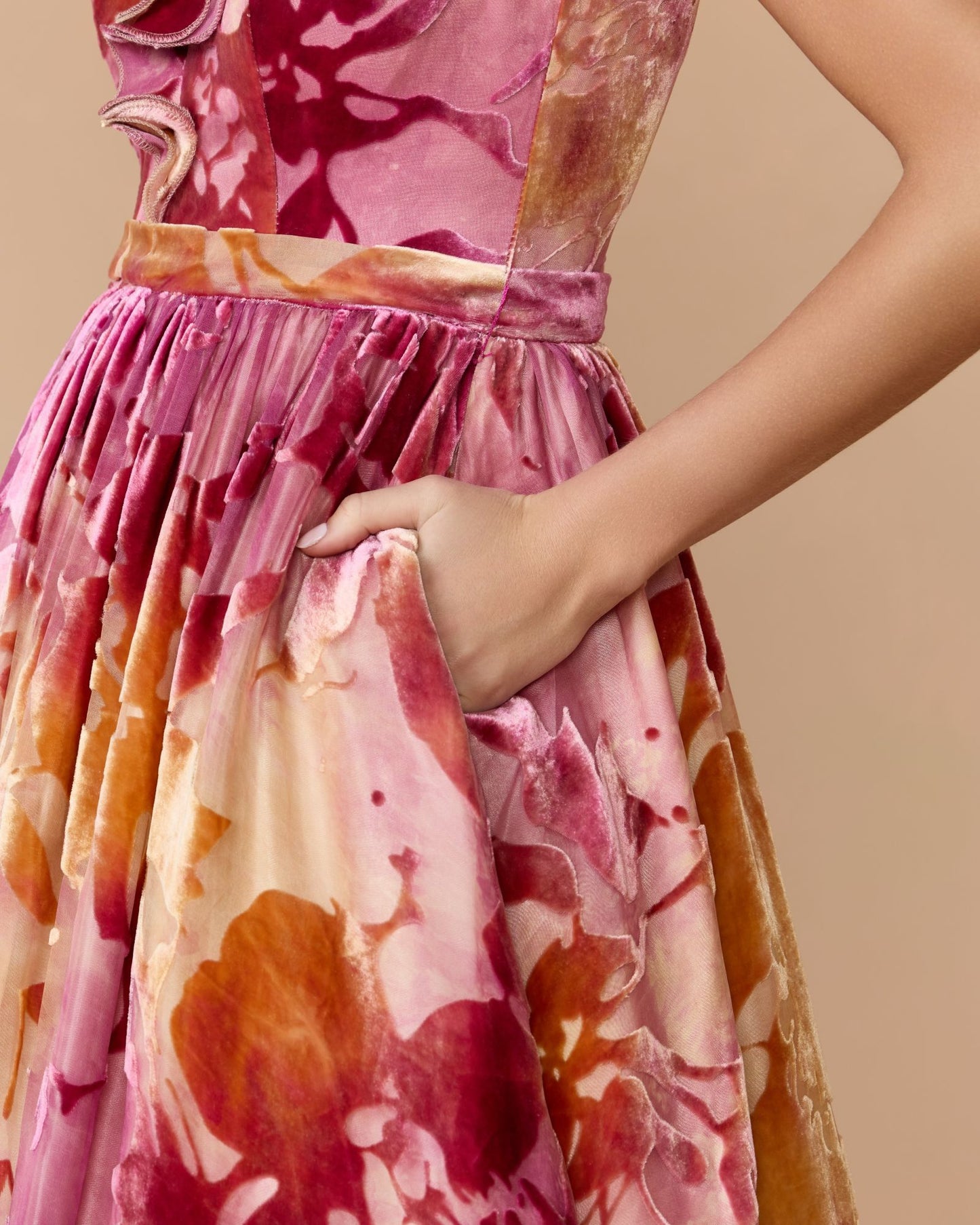 Multicolor Burnout Velvet Ruffle Ball Gown Mac Duggal