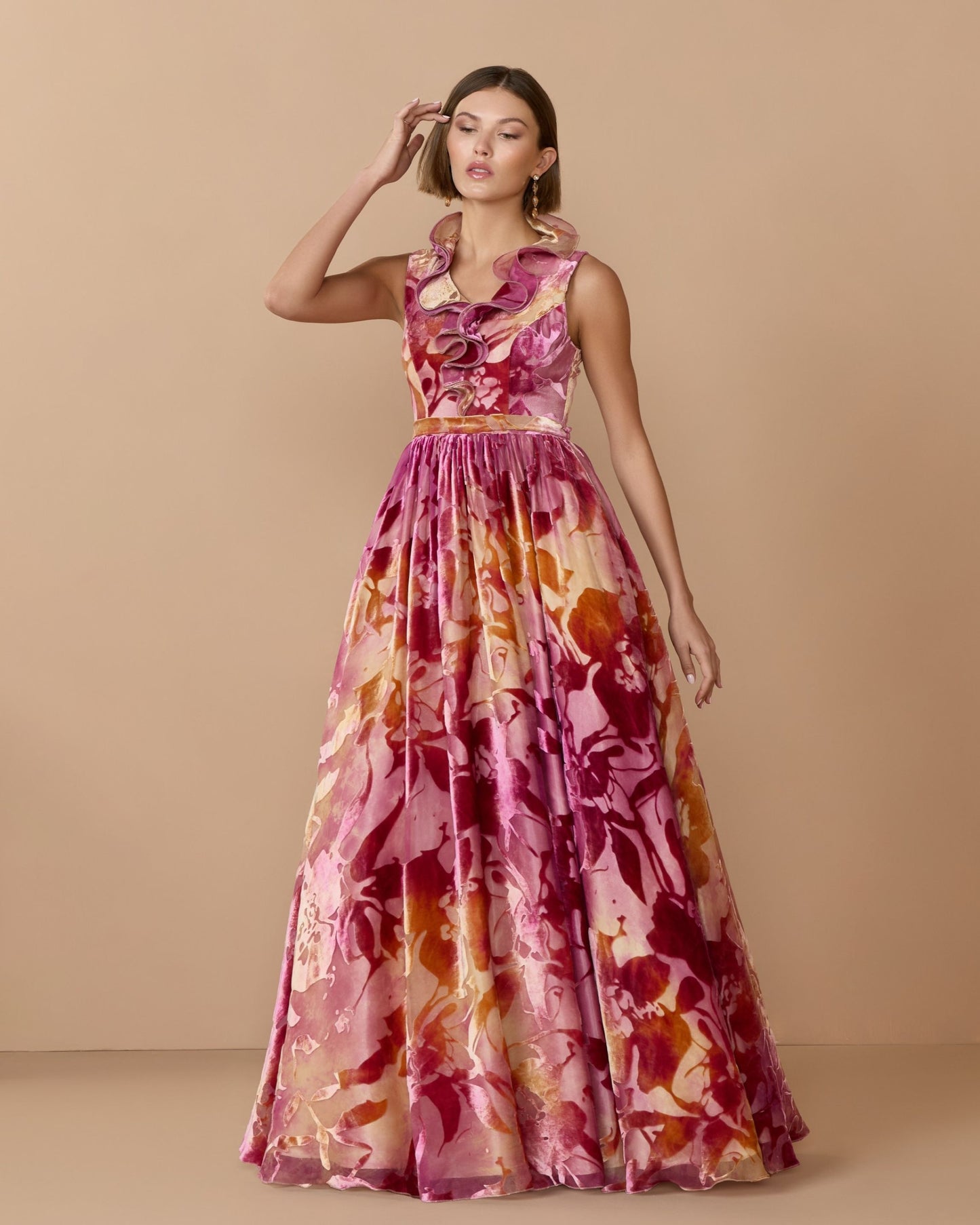 Multicolor Burnout Velvet Ruffle Ball Gown Mac Duggal