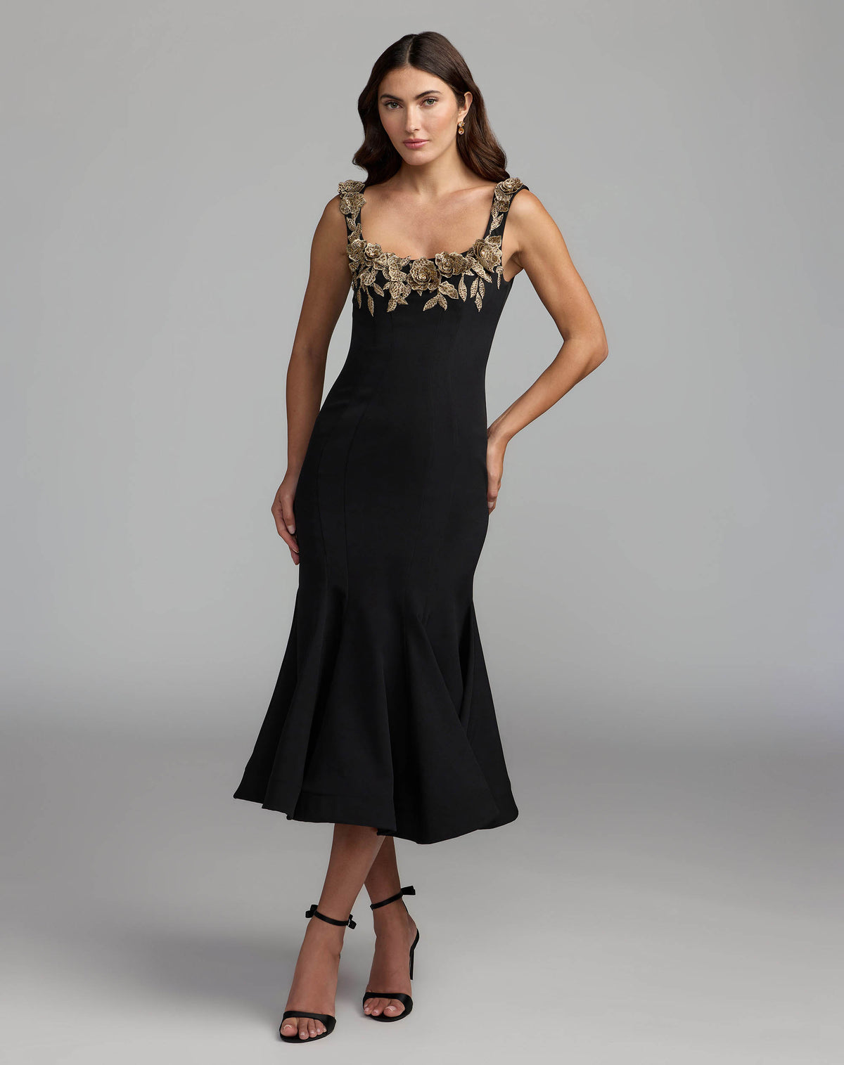Black 3D Floral Trumpet Midi Dress Mac Duggal