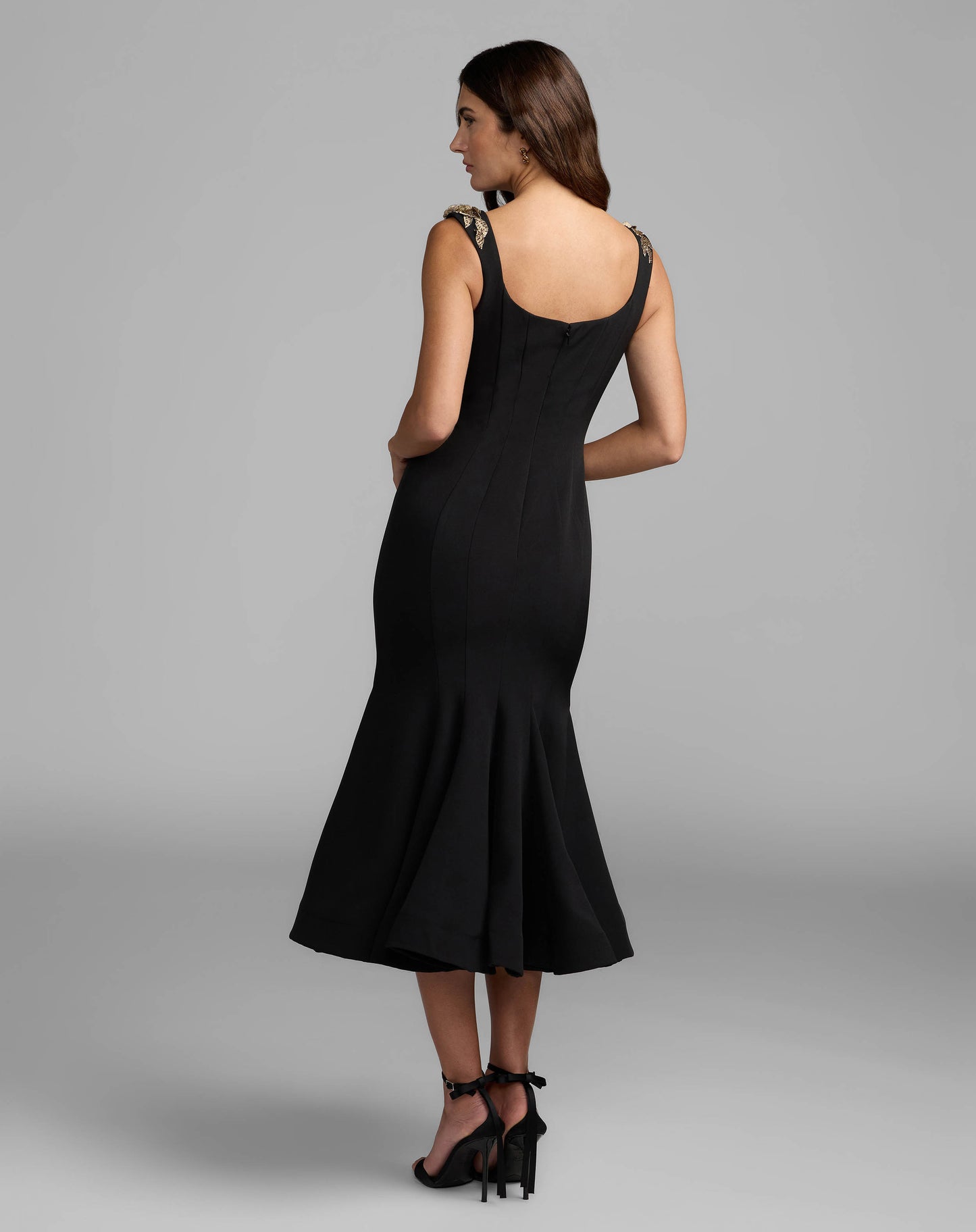 Black 3D Floral Trumpet Midi Dress Mac Duggal
