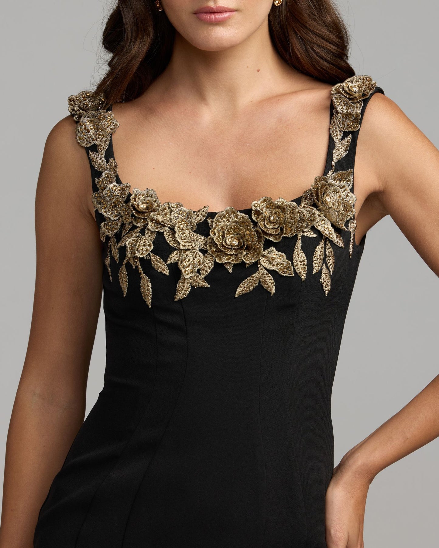 Black 3D Floral Trumpet Midi Dress Mac Duggal