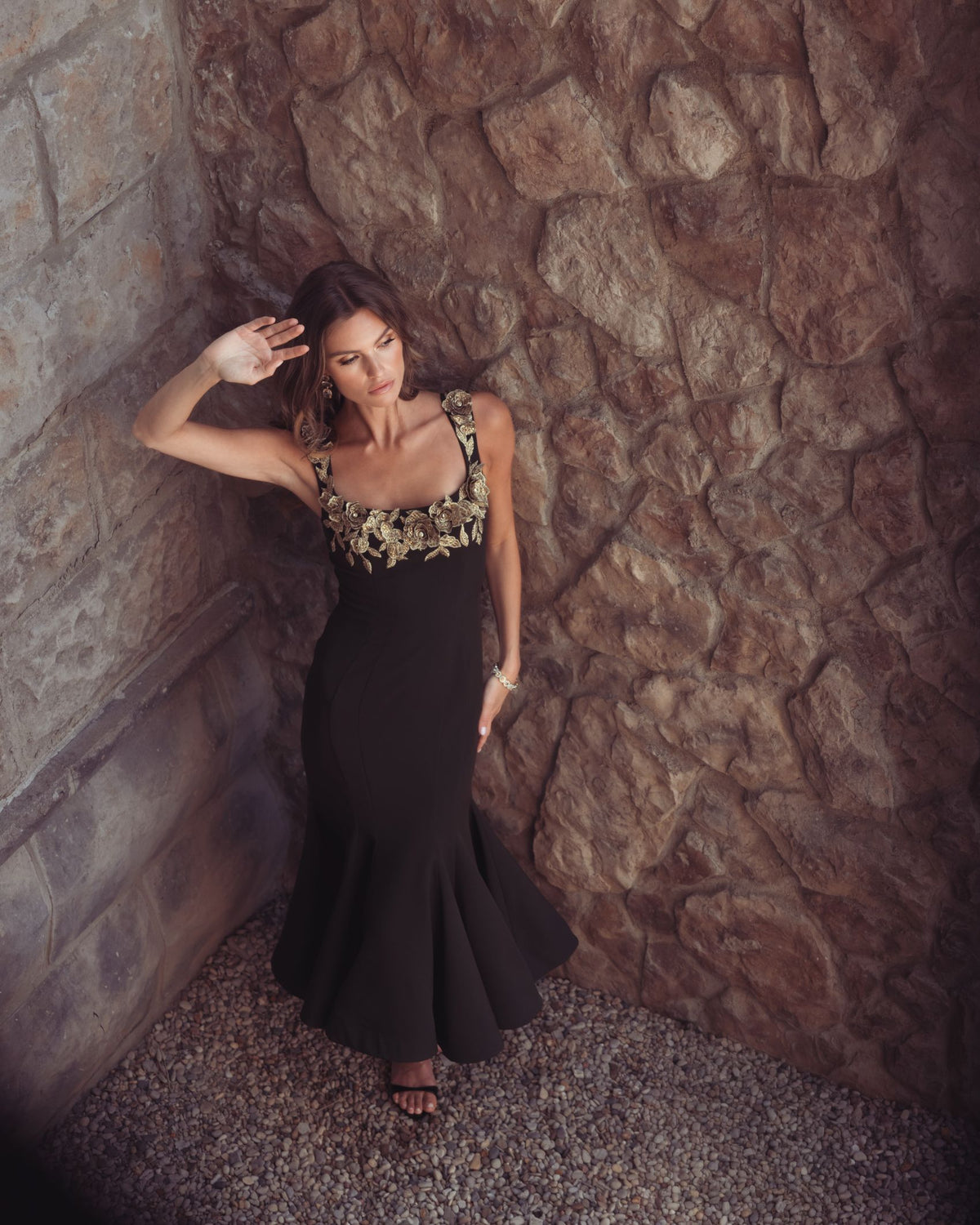 Black 3D Floral Trumpet Midi Dress Mac Duggal