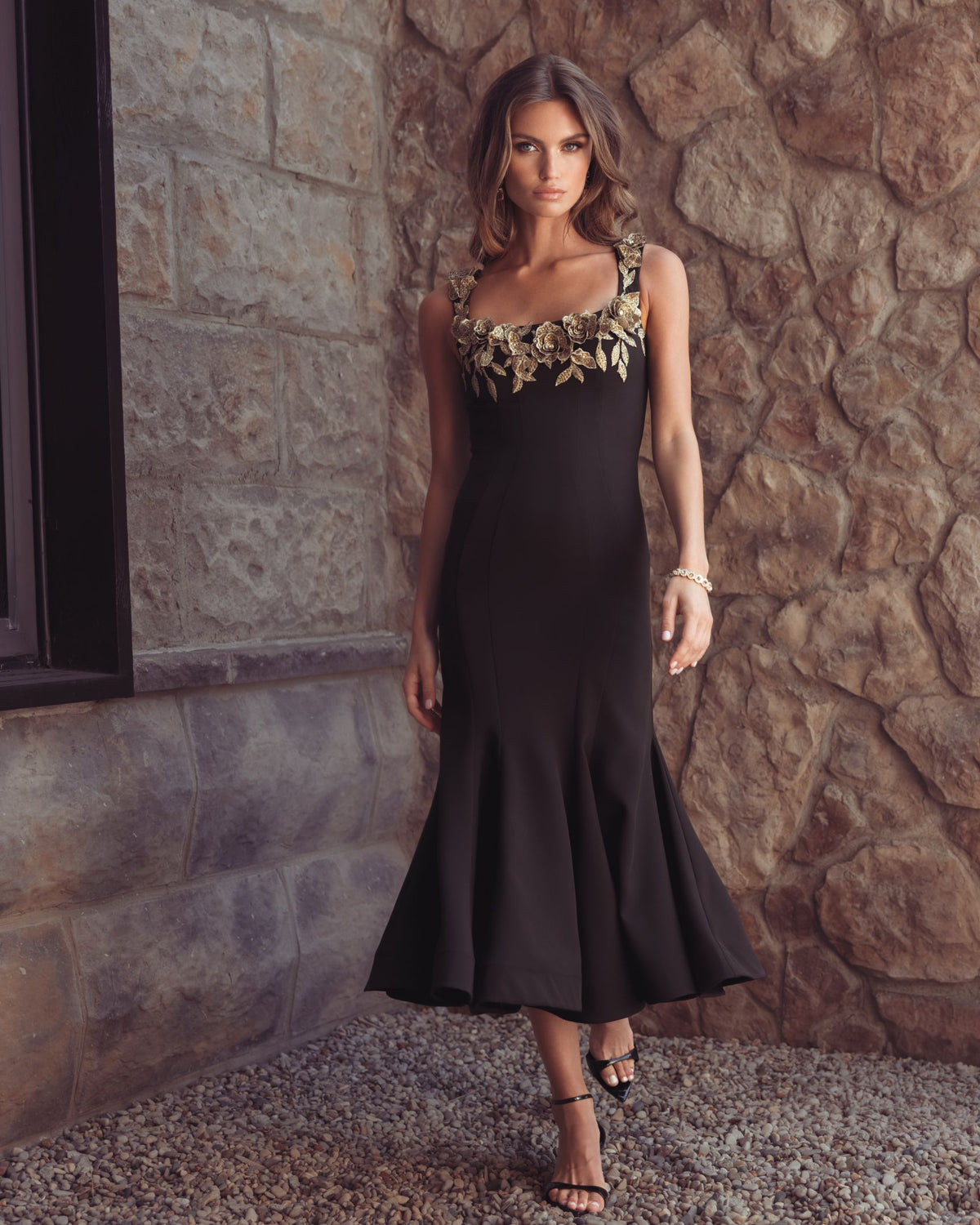 Black 3D Floral Trumpet Midi Dress Mac Duggal