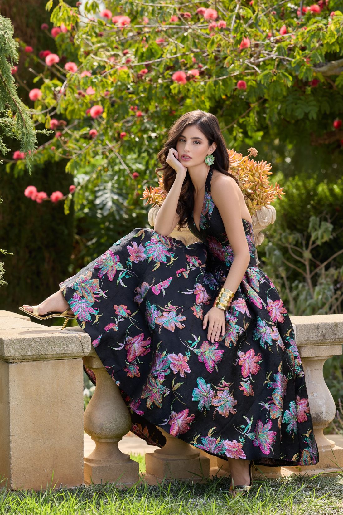 Black Brocade Halter Neck Open Back Midi Dress - Ieena for Mac Duggal