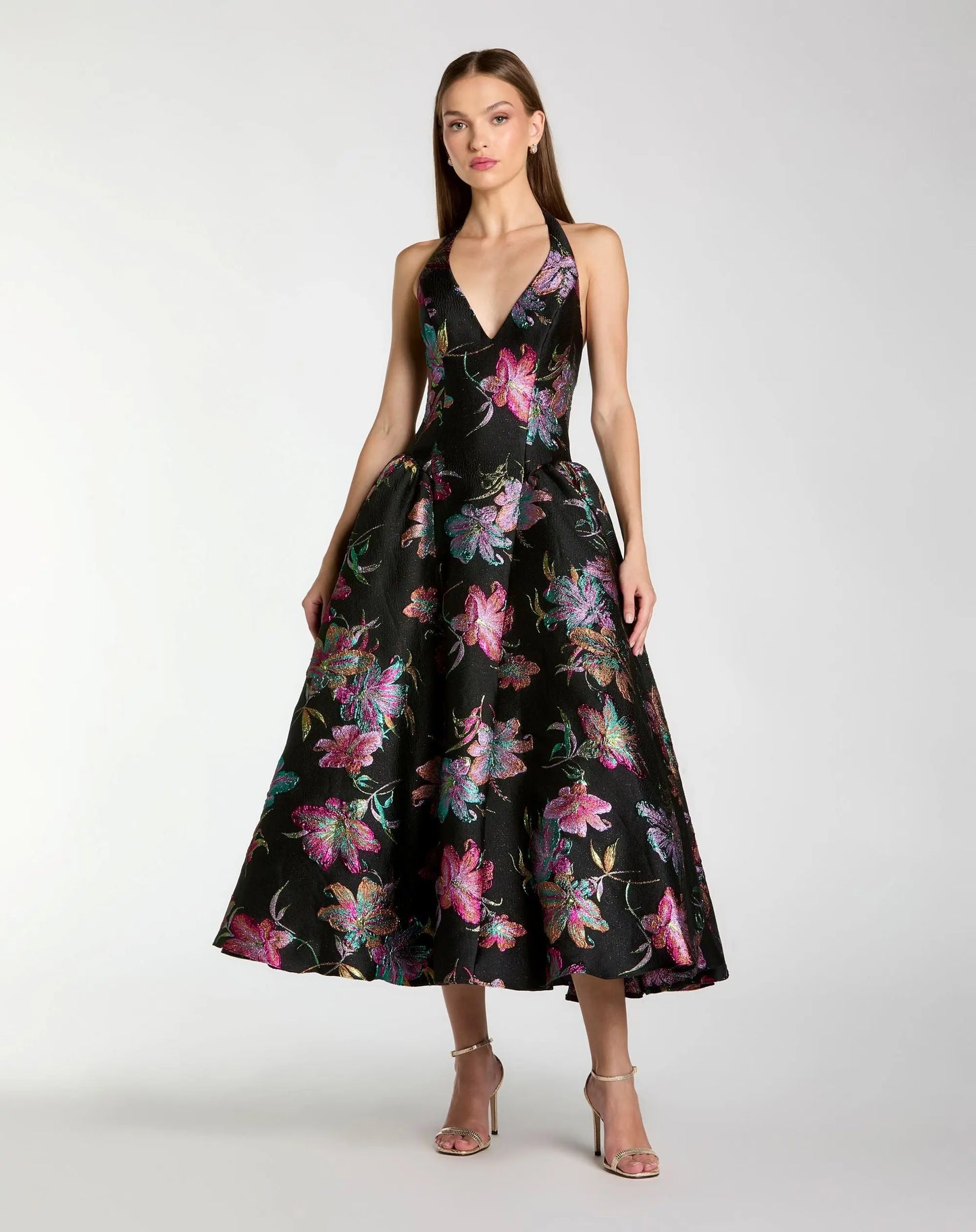 Black Brocade Halter Neck Open Back Midi Dress - Ieena for Mac Duggal