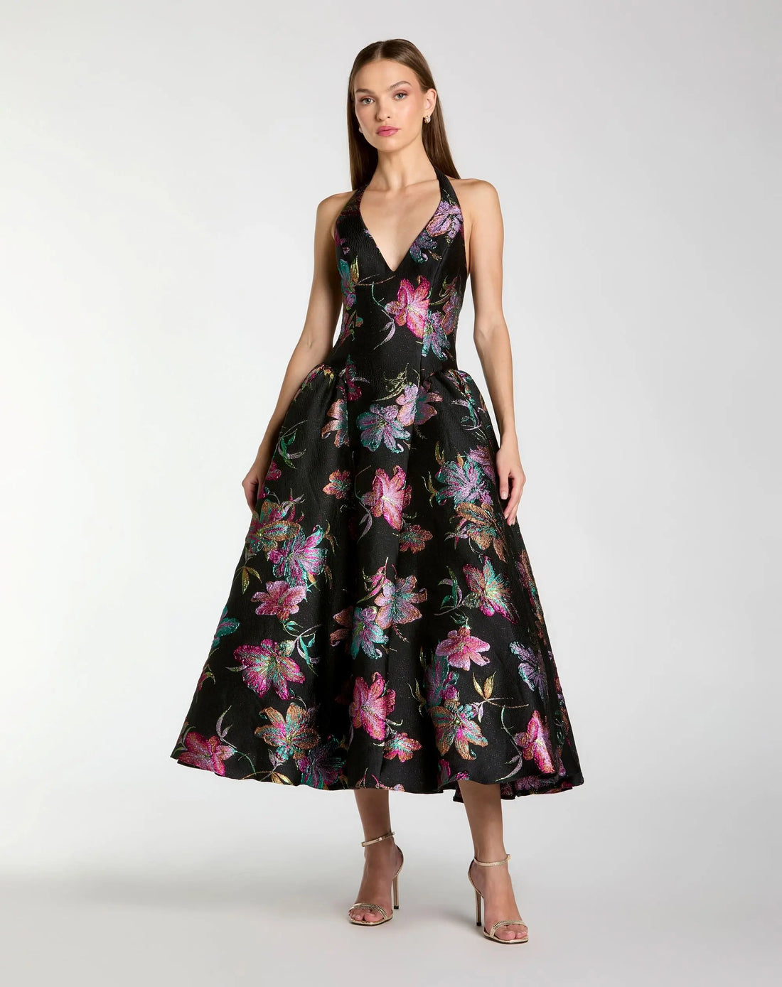 Black Brocade Halter Neck Open Back Midi Dress - Ieena for Mac Duggal