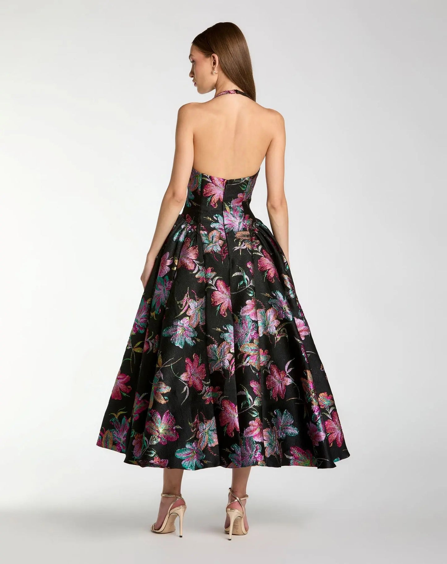 Black Brocade Halter Neck Open Back Midi Dress - Ieena for Mac Duggal