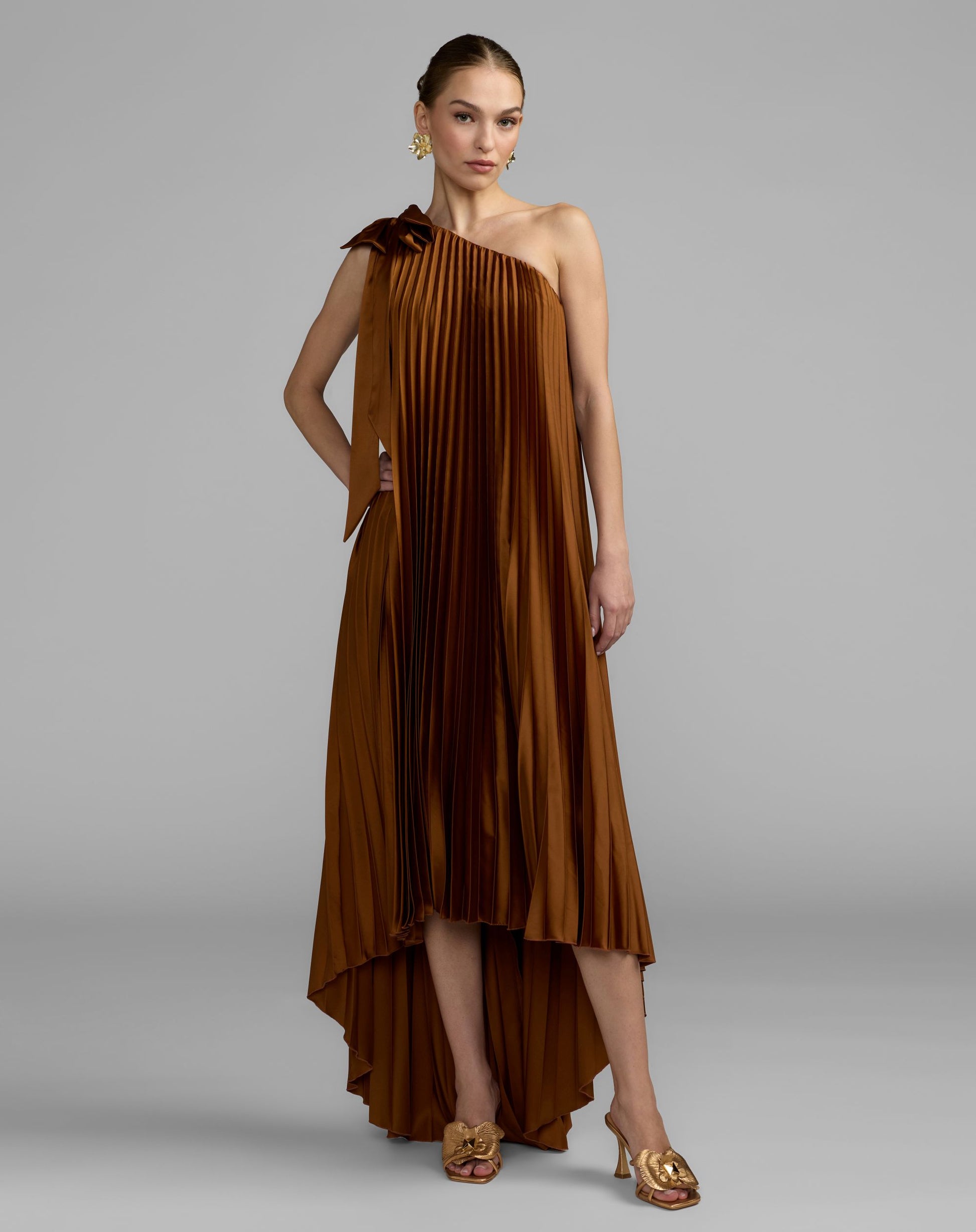 Brown Pleated One Shoulder High Low Trapeze Gown