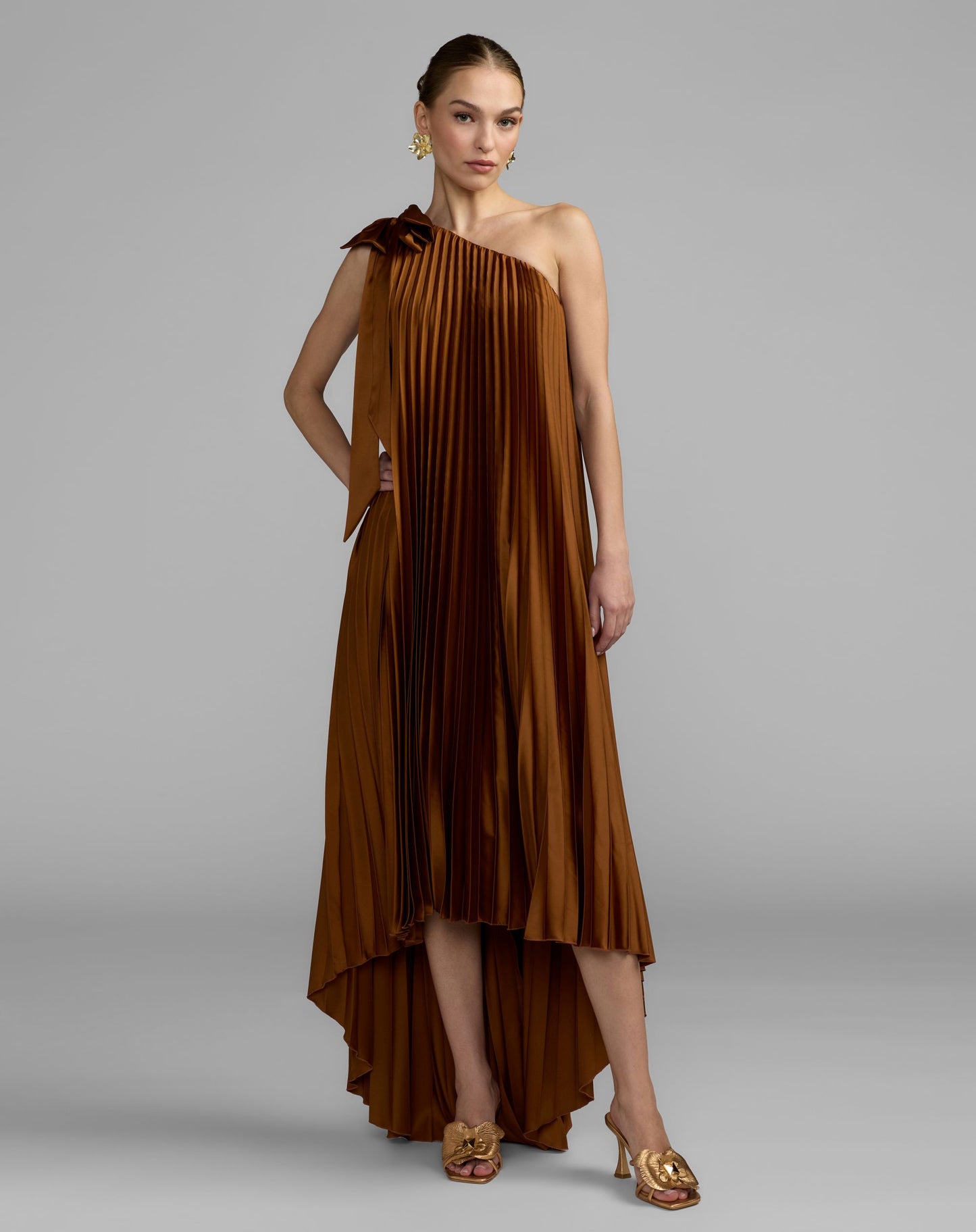 Brown Pleated One Shoulder High Low Trapeze Gown - Ieena for Mac Duggal