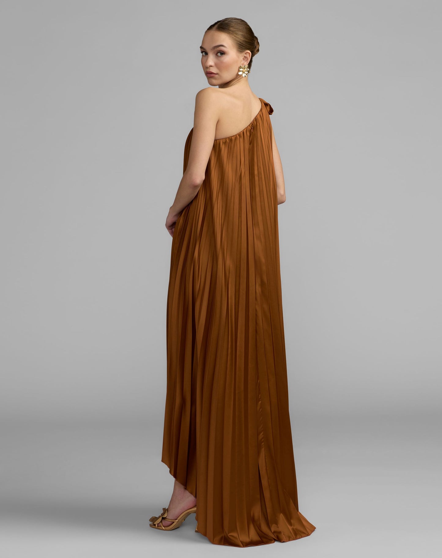 Brown Pleated One Shoulder High Low Trapeze Gown - Ieena for Mac Duggal