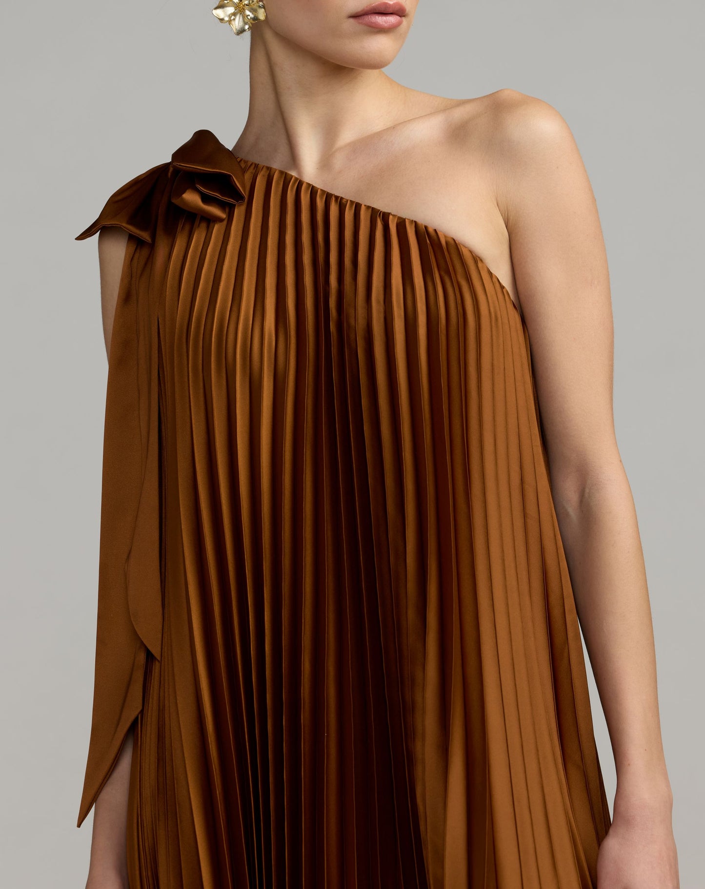 Brown Pleated One Shoulder High Low Trapeze Gown - Ieena for Mac Duggal