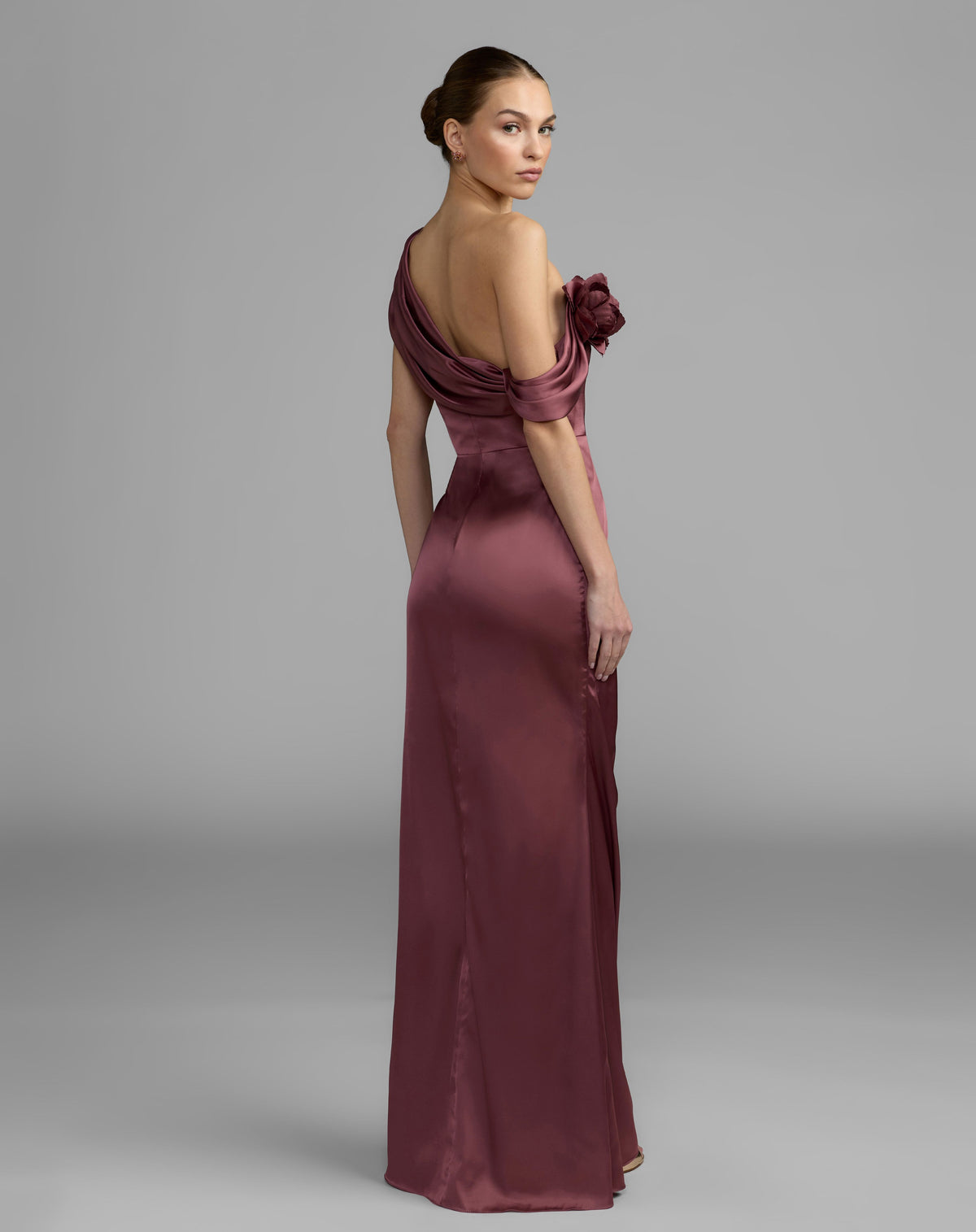 Mauve Charmeuse One Shoulder Gown With 3D Flower - Ieena for Mac Duggal