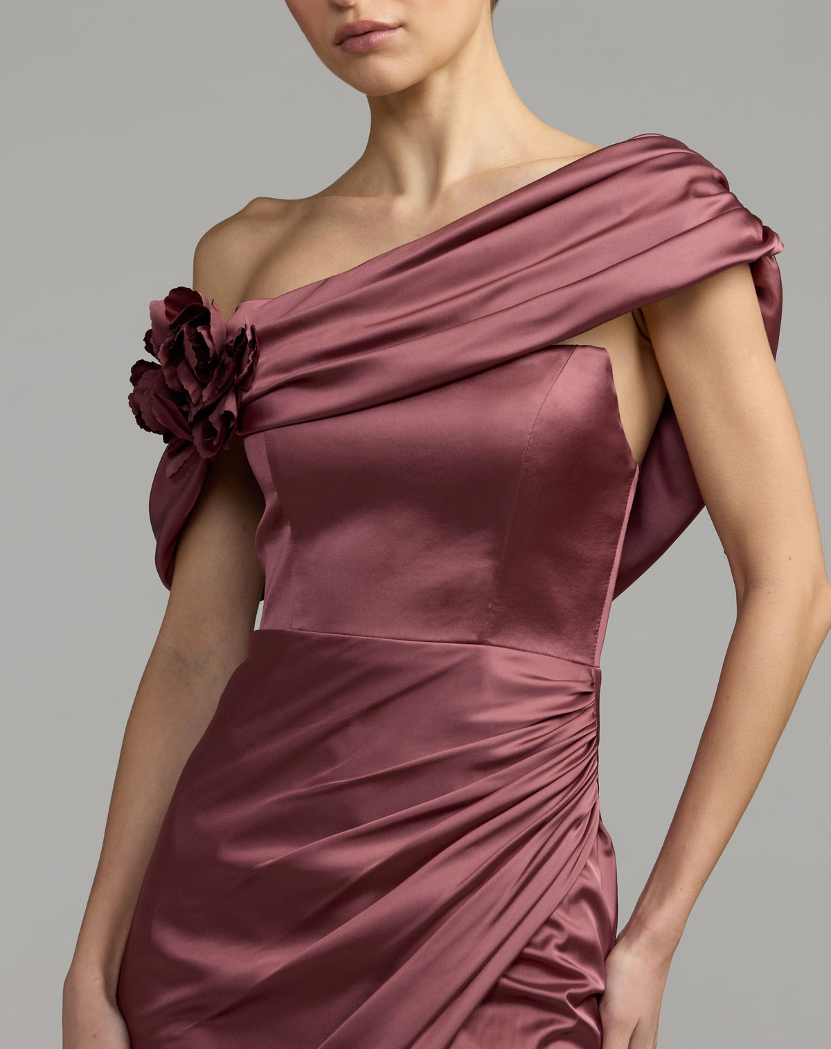Mauve Charmeuse One Shoulder Gown With 3D Flower - Ieena for Mac Duggal