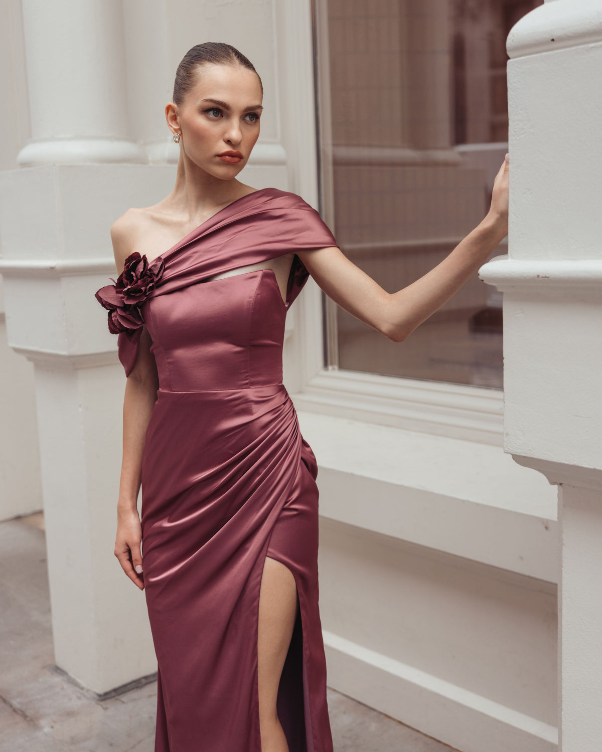 Mauve Charmeuse One Shoulder Gown With 3D Flower - Ieena for Mac Duggal
